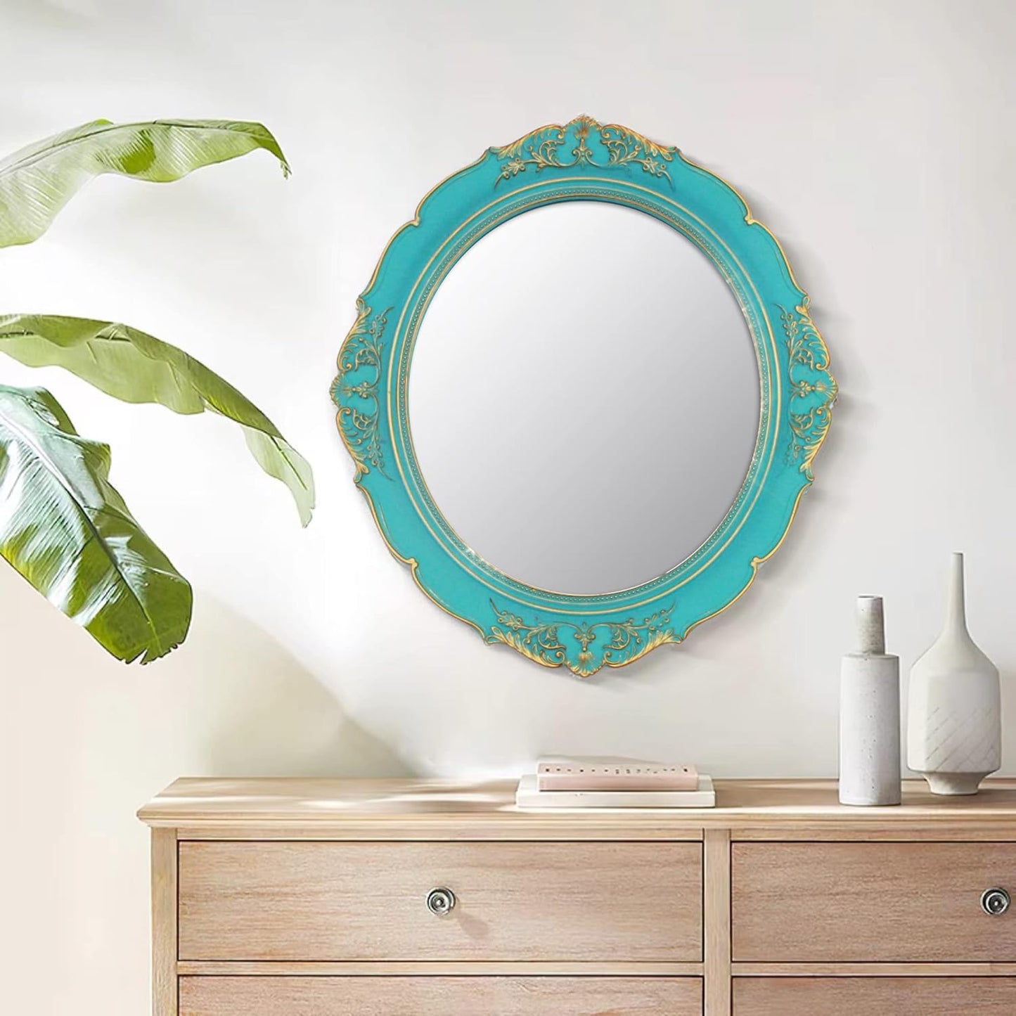 Vintage Decorative Wall Mirror 14.8 x 13.1 Inch Oval Mirror （Blue）
