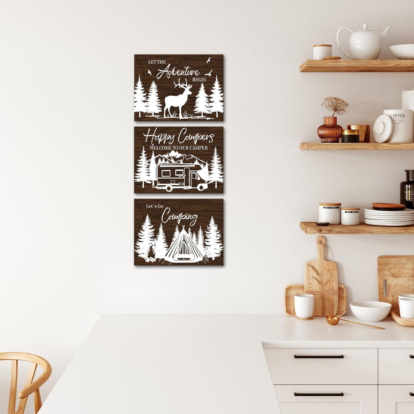 HOMEOART Camper Decor RV Wall Art Happy Campers Adventure Camping Wall Decor Sign, Deer in Forest Farmhouse Cabin Decoration,Framed 12x16inchx3Piece, Rustic Brown