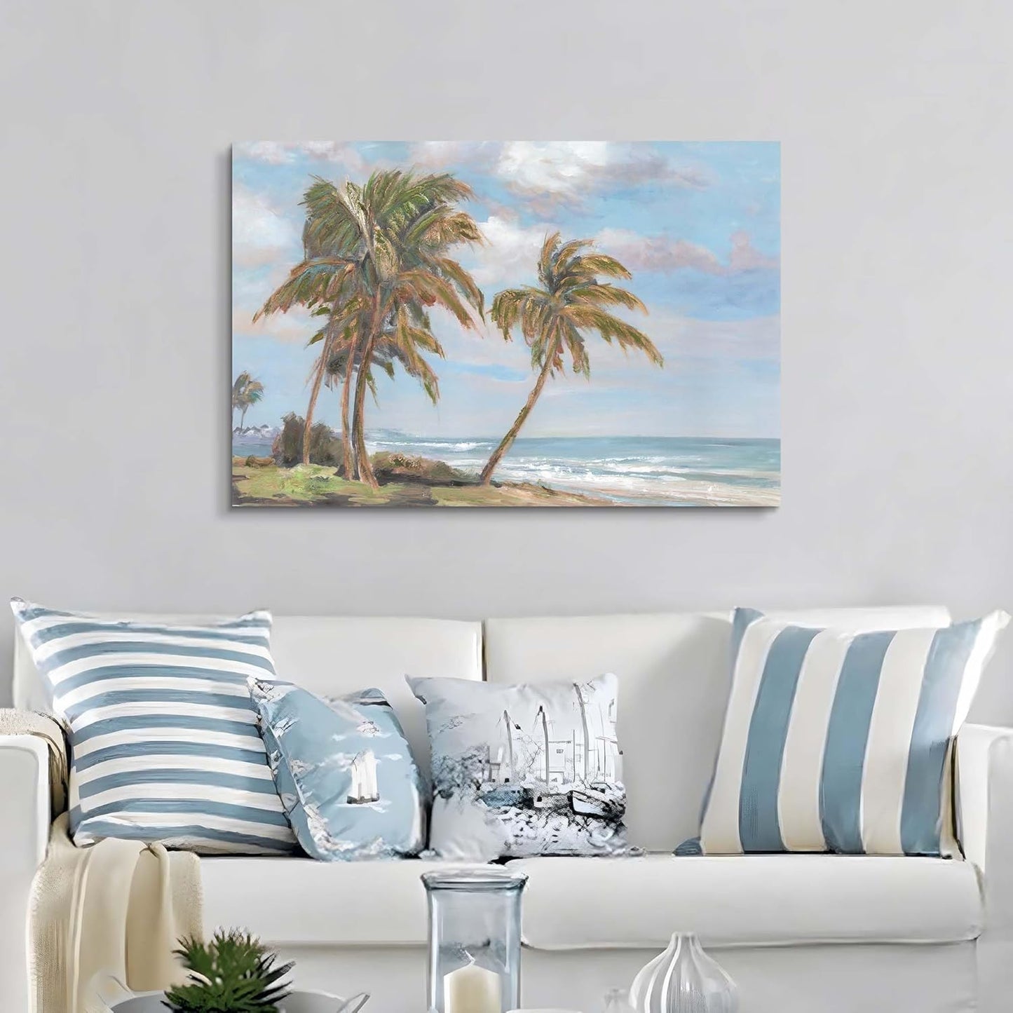 cozy country Palm Tree Wall Art 36"x24" - Coastal Pictures Beach Canvas Ocean Decor - Nautical Artwork Seascape Hand Painting for Bedroom, Sea House