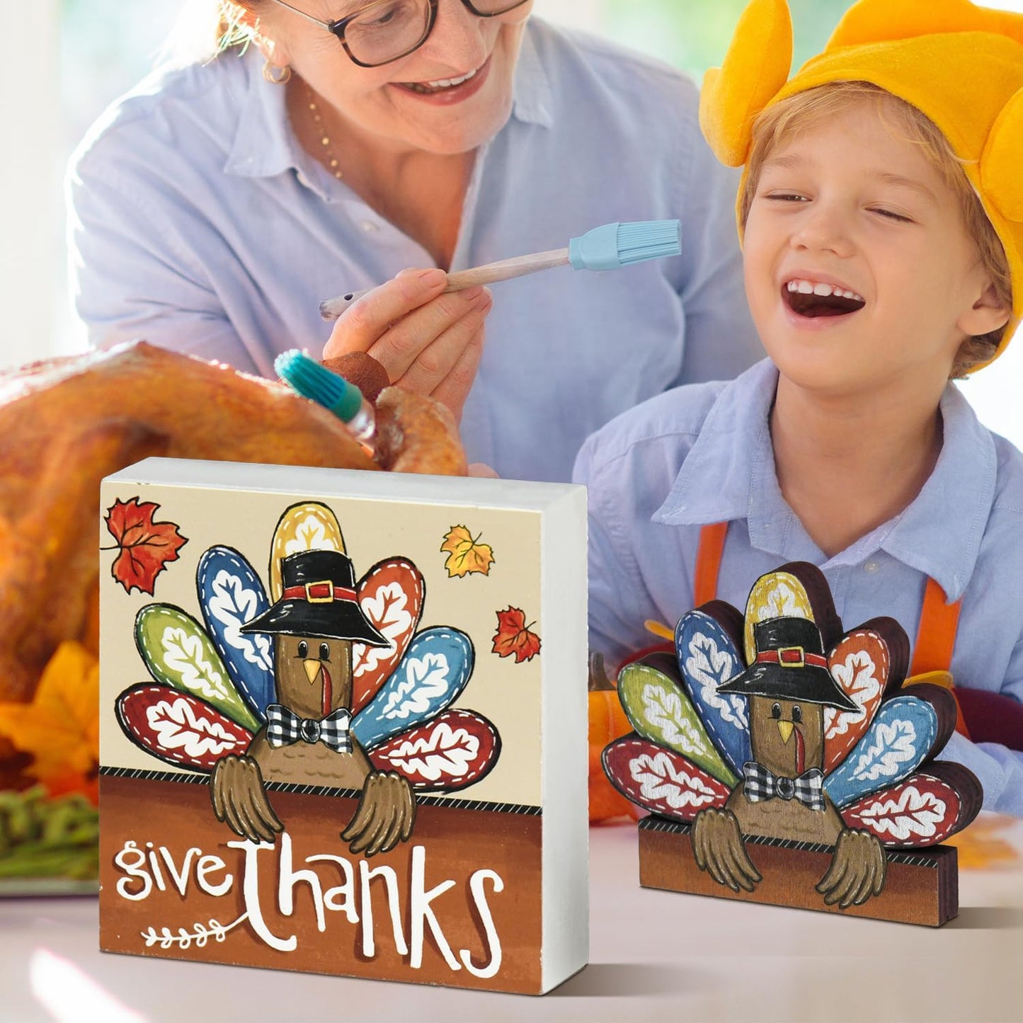 Smile Thanksgiving Wooden Decor Indoor, Turkey Decor Give Thanks Box Sign, Thanksgiving Table Tiered Tray Kitchen Decorations