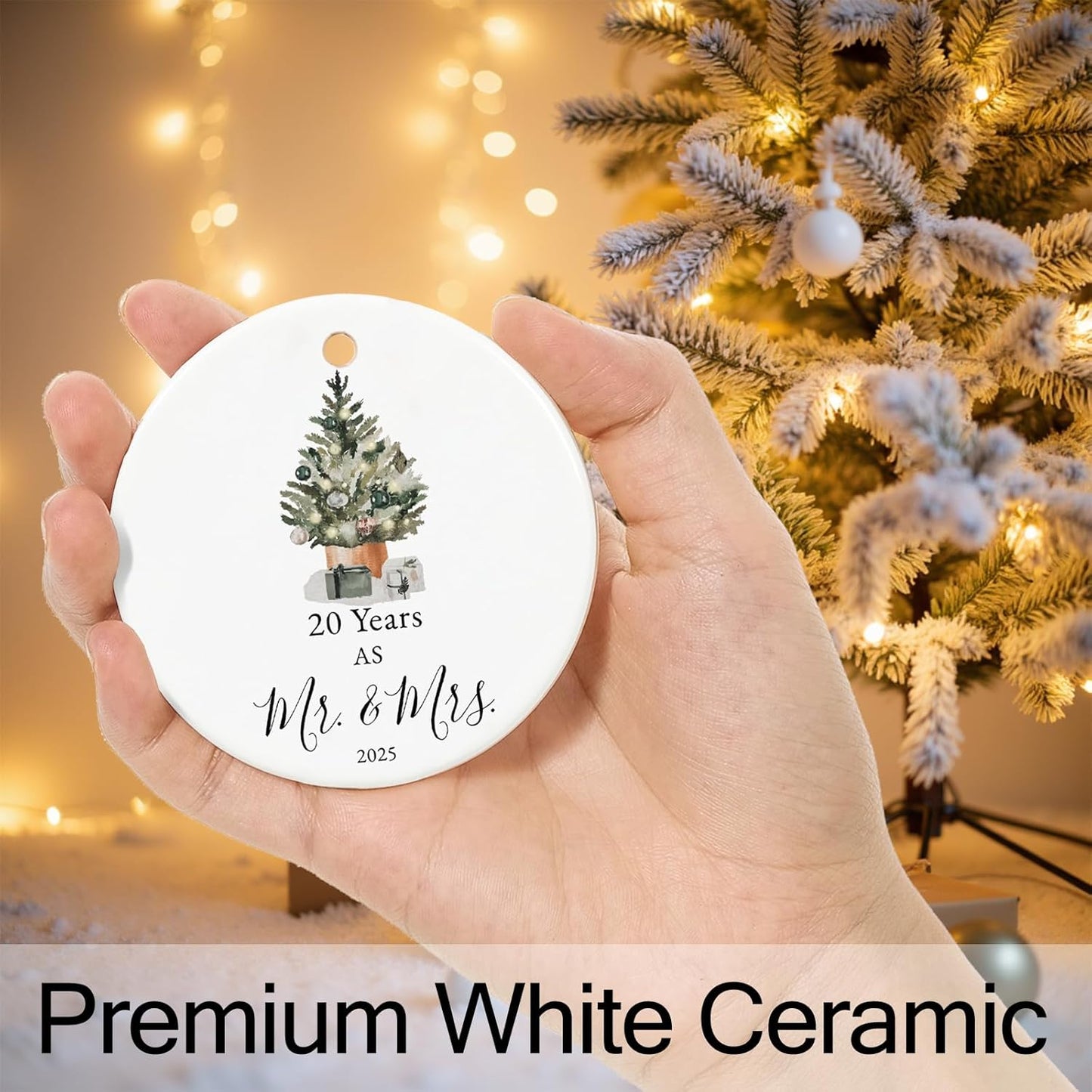 20th Anniversary Ornament Gifts for Couple, 20th Wedding Anniversary for 20 Year as Mr and Mrs Gifts, Ceramic Keepsake 20 Year Anniversary Christmas Ornaments with Ribbon and Box