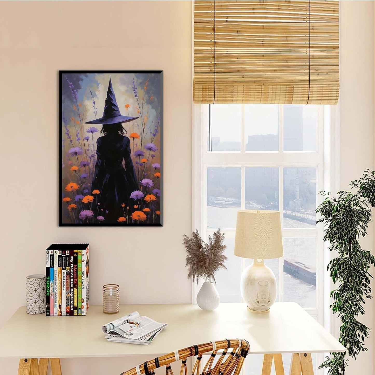 JFHCQJPK Country wildflower witch canvas print halloween mashup art witch purple decoration bohemian elegant art poster12x16in Metal blackFramed