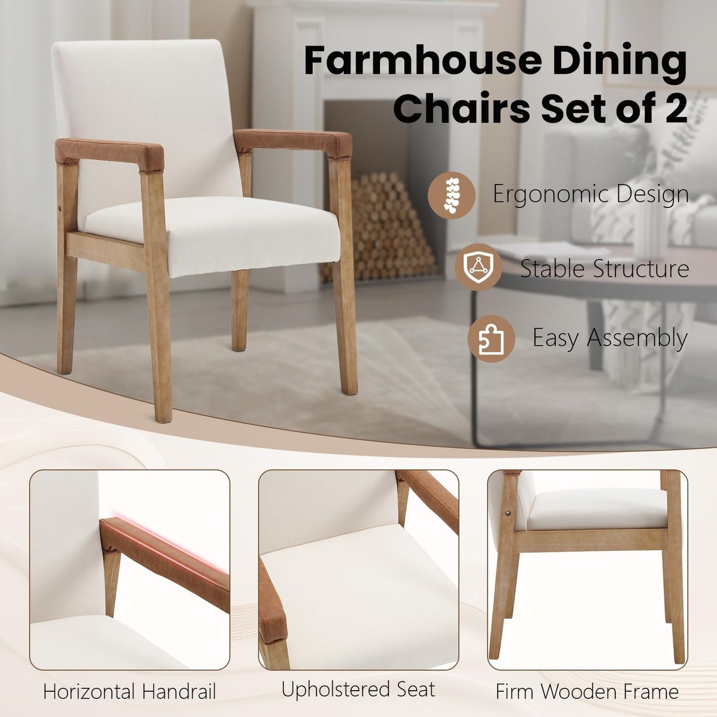 Kmax Modern Dining Chairs Set of 4 Linen Fabric Kitchen Arm Chairs Upholstered Accent Chairs with Wooden Legs for Dining Room, Living Room, Bedroom, White