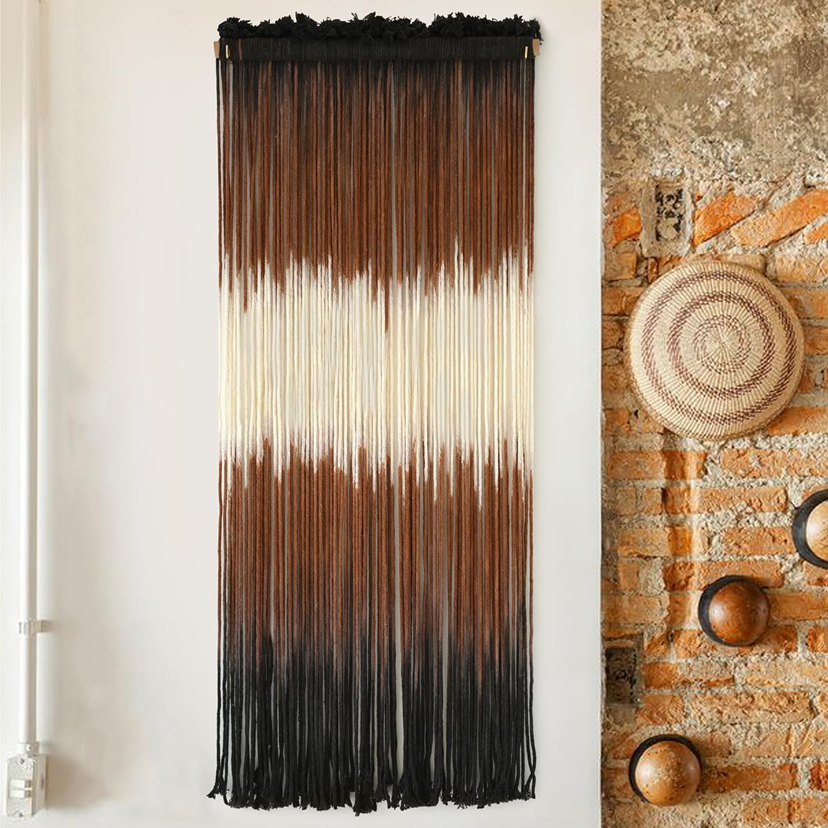 Macrame Wall Hanging Brown Boho Hand Woven Tassel Yarn Tapestry Wall Art for Living Room Bedroom Fiber Art 15''W*43''L