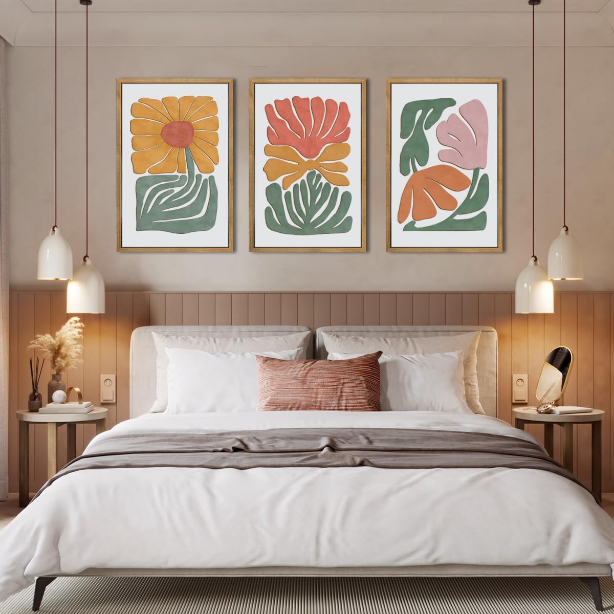 Large Abstract Boho Floral Wall Art Set Colorful Botanical Wood Wall Decor Modern Mid Century Artwork Neutral Bohemian Art Decor for Living Room Bedroom Office-16x24Inch x3