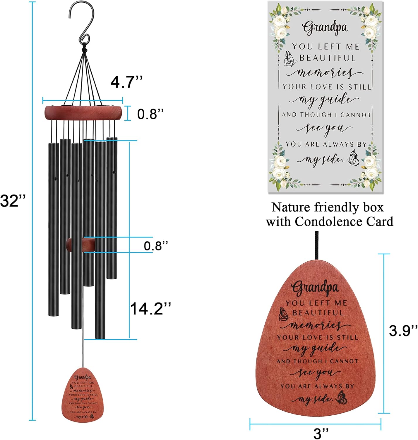 Memgift Memorial Wind Chime for Loss of Grandpa - Solid Beech Wood Sympathy Gift - Outdoor Bereavement Wind Chime for Garden, Patio - in Remembrance of Grandfather 32 Inch