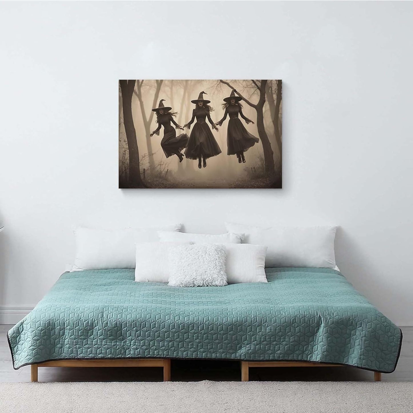 Three ghost witches flying in vintage forest gothic wall art witchcraft decoration holiday gift canvas wall art print12x16in Wood Framed