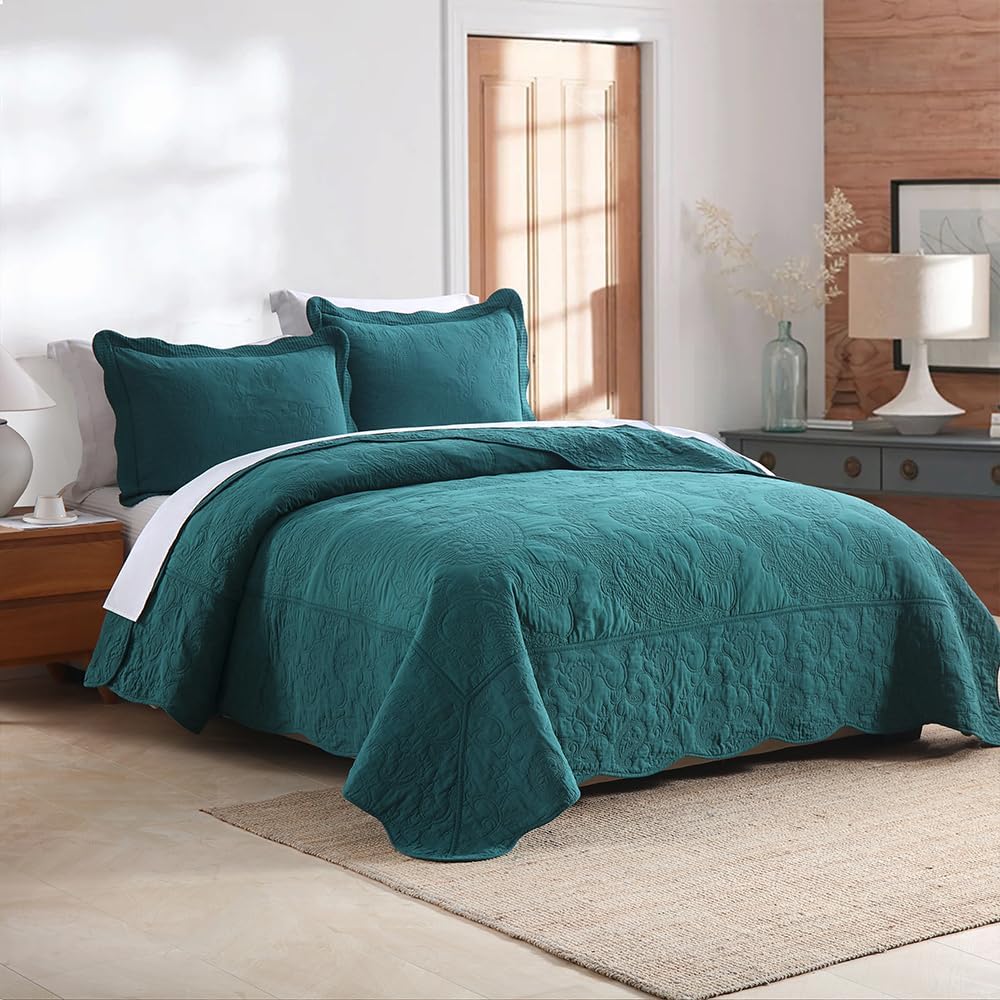Cotton Bedspread Quilt Sets, Real Patchwork Bedding Sets with Luxury Floral Paisley Pattern, 3 Pieces Reversible Soft Lightweight Coverlet for All Season, Turquoise, Queen Size