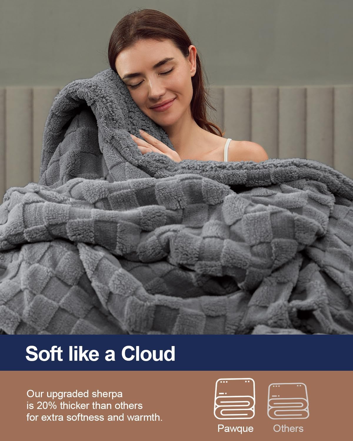 Pawque Super Soft Cozy Throw Blanket King Size for Couch Bed, Fluffy Sherpa Fleece Reversible Thick Warm Fuzzy Blanket for All-Season, 3D Checkered Jacquard Decorative Blankets, Grey, 108"x90"