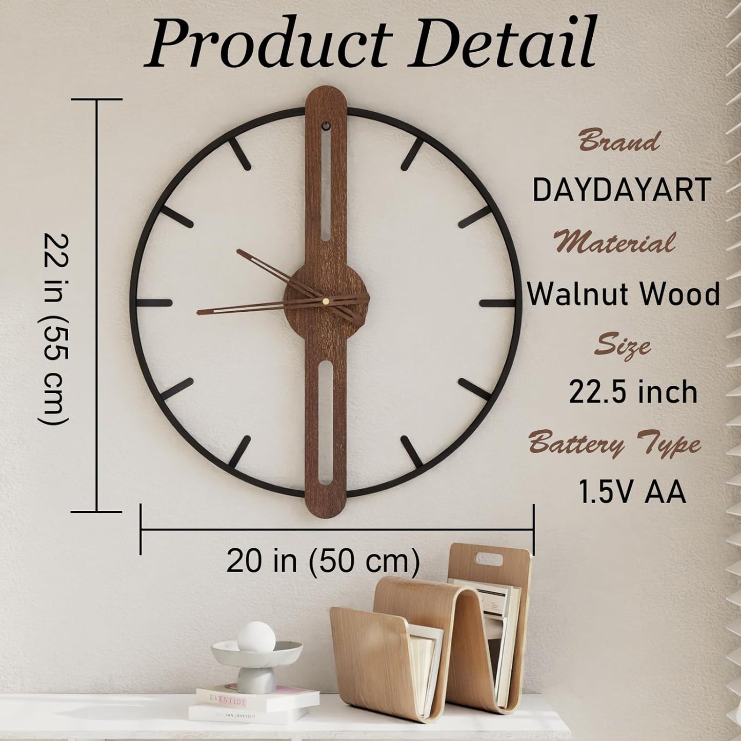 Modern Walnut Dial Wall Clock, Wood Large Wall Clock Decor Metal Frame Silent Non Ticking for Living Room, Bedroom, Kitchen, Study Decoration, Handmade Home Present Idea, 20 in （50 cm）