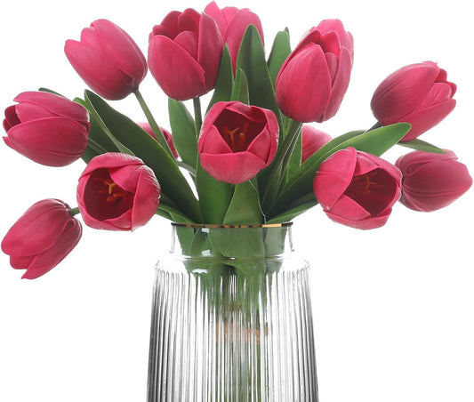 Rose Red Artificial Tulips, 2 Bundles 14Pcs, Fake Tulips Artificial Flowers, 2 x 2.4 Inch Large Flower Head Big Tulip, Easter Valentine's Day Mother's Day Home Decoration Flowers