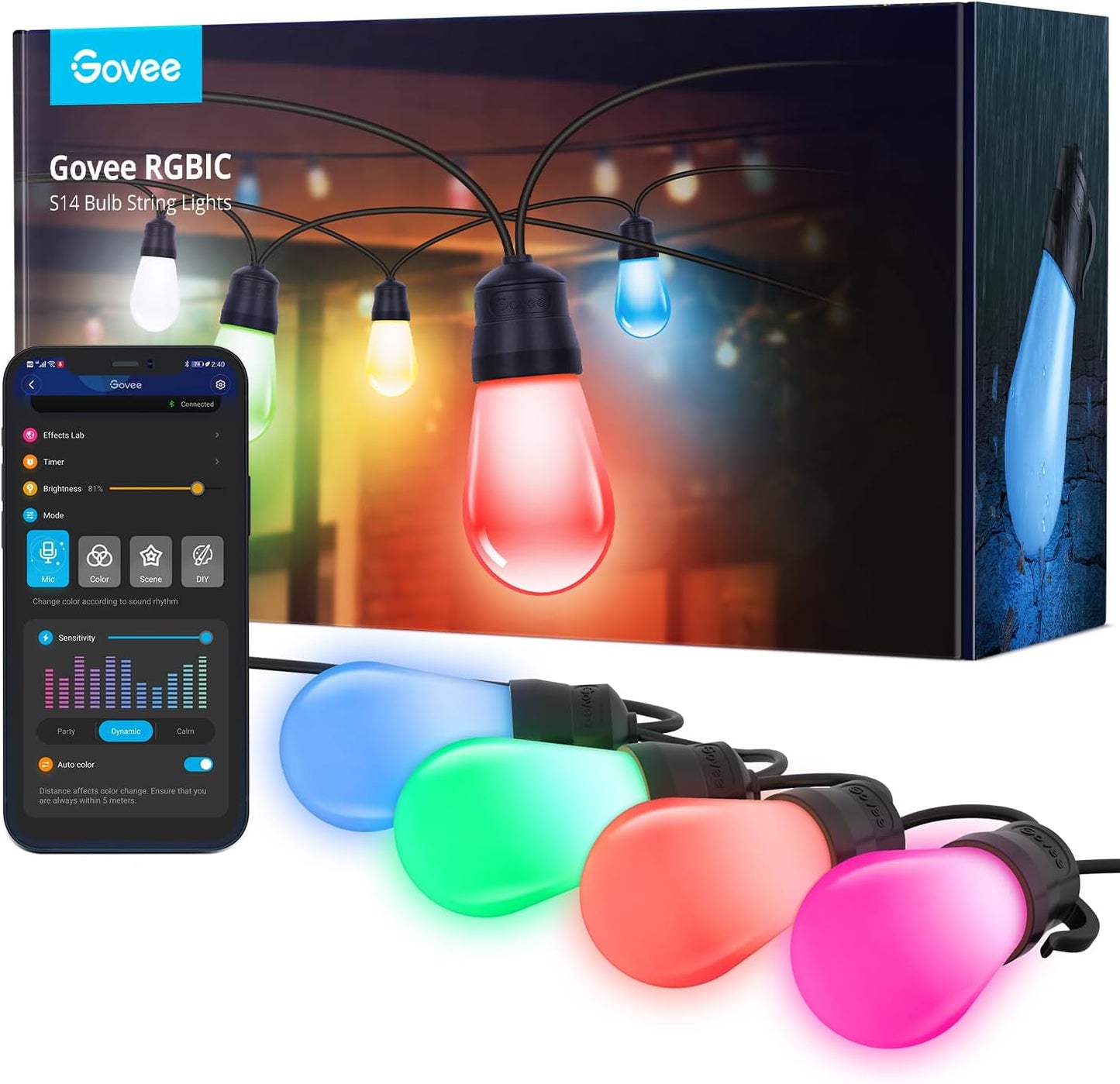 Govee Smart Outdoor String Lights H7016, 96ft RGBIC Outdoor Lights with 30 Dimmable LED Bulbs, IP65 Waterproof, Color Changing Warm White Lights with 47 Scene Modes for Patio, Backyard, App Control