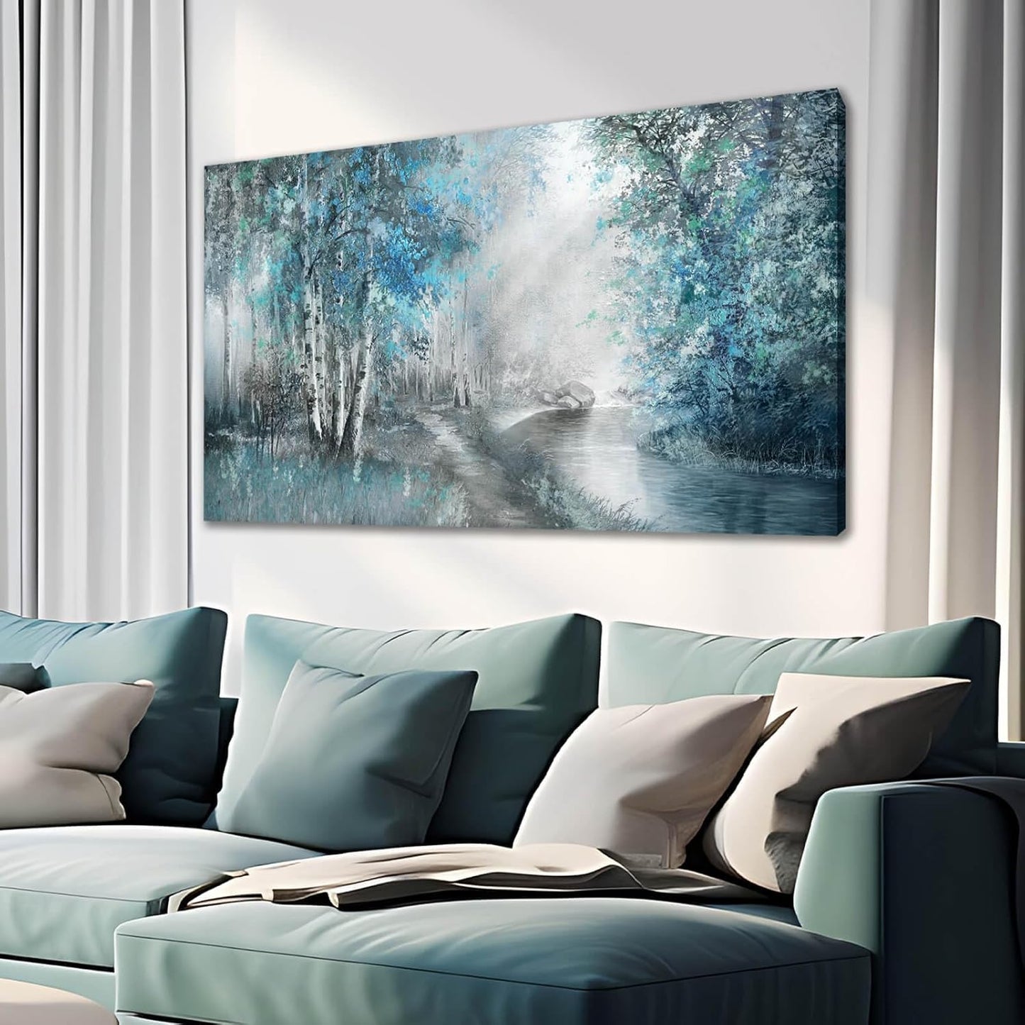 SOUGUAN Landscape Art Posters Blue Pictures Wall Decor Grey Forest Wall Prints Botanical Artwork for Dining Room Bedroom 20"x 40" Contemporary Wall Art