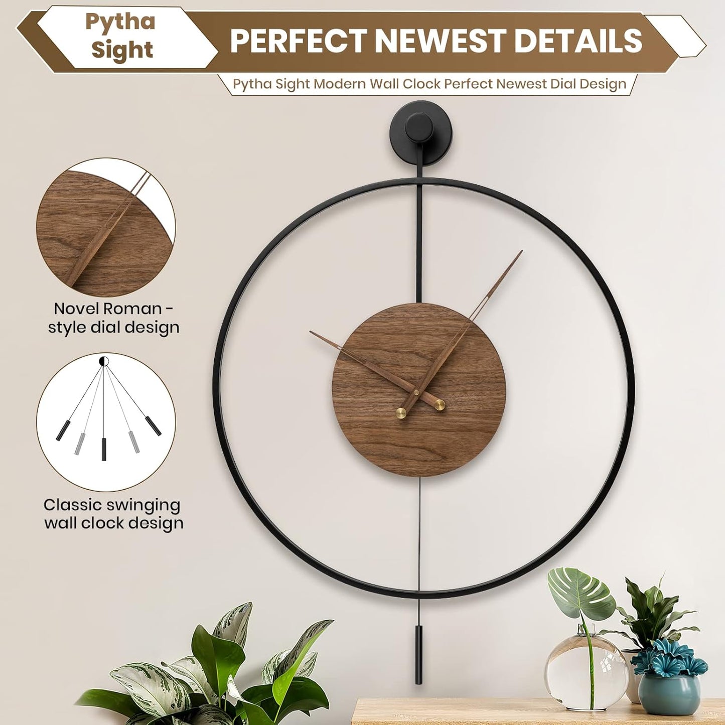 Large Modern Wall Clock,Wall Clocks for Living Room Decor,Classical Silent Metal Minimalist Walnut Dial,Big Decorative Farmhouse Pendulum Wall Clock With Walnut Pointers for Office,Dining Room
