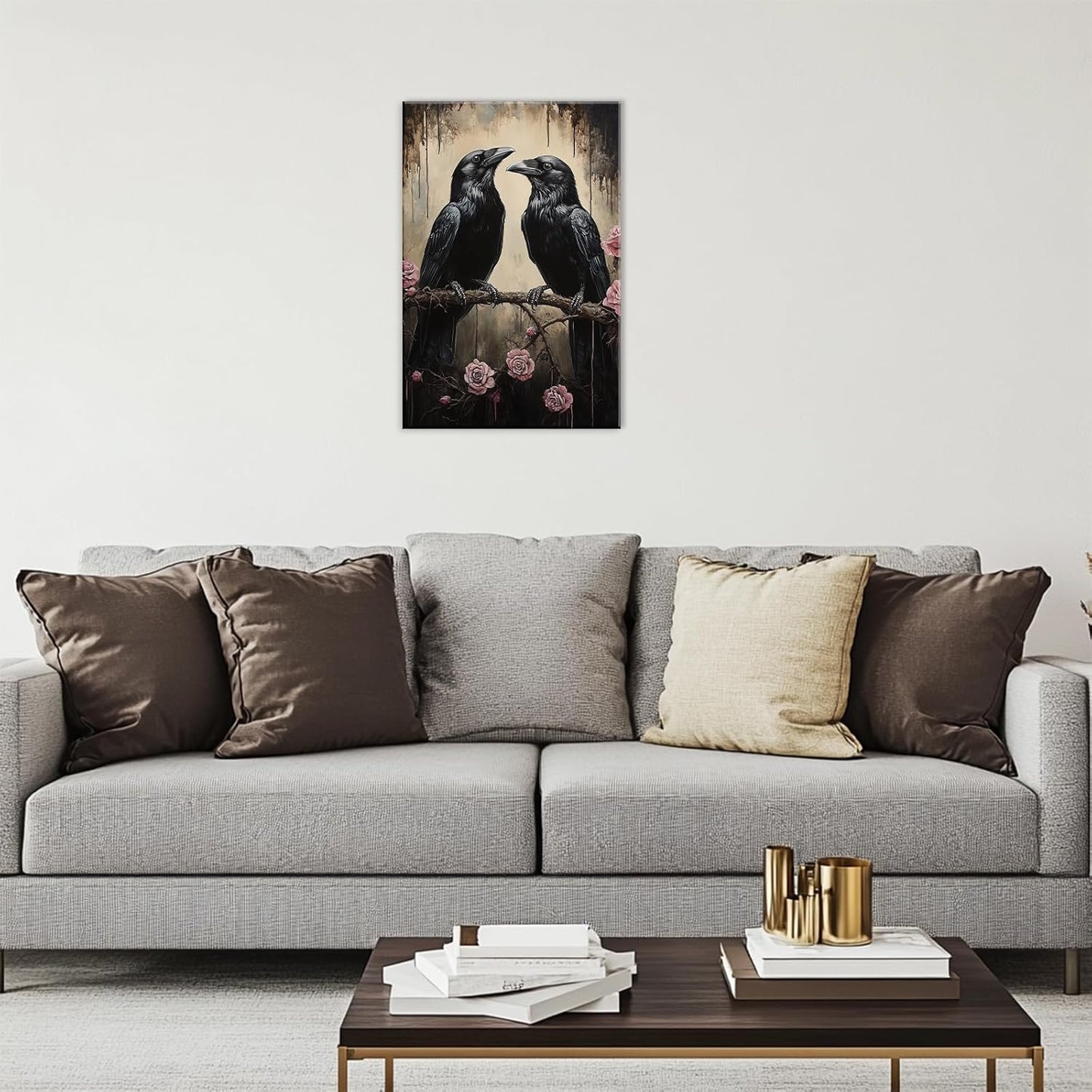 OAAPITI Crow Canvas Wall Art Black Raven Picture Print Pink Rose Poster Vintage Gothic Painting Artwork for Living Room Halloween Decor(Artwork-6,24"x36")