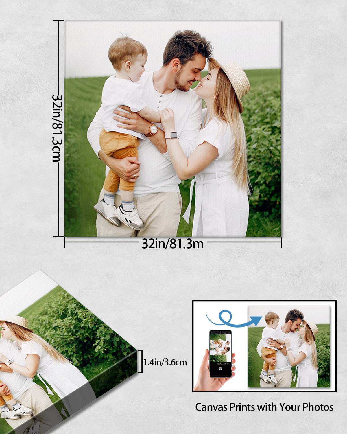 Personalized Custom Canvas Wall Art, Custom Canvas Prints with Your Photos for Living Room, Bedroom, Wedding Pet Baby Family Photo Framed Wall Art, Customized Photo Gift for Family，Friend，Lover，Pet (32L" x 32W")
