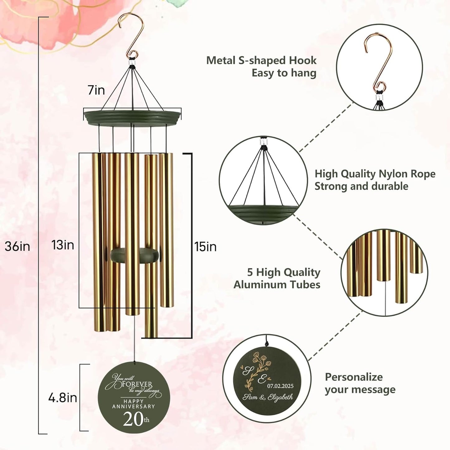 ASTARIN 20th Tree of Life Wind Chimes, Personalized Wind Chimes for Cople Women Men, Couple Gifts for Keepsake, Deep Tone Windchime Romantic Gift