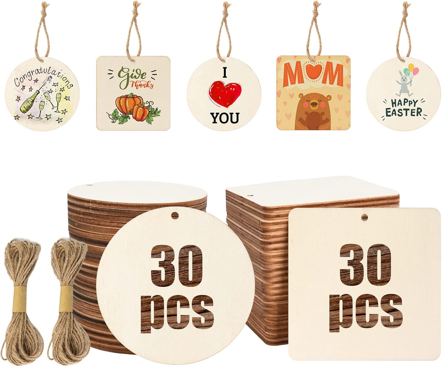 60 Pcs Wooden Tags, 3x3 Inch Unfinished Round Wood Pieces Blank Square Wooden Slices with Holes, with Jute Twines for Sign Tags Home Party Hanging Decoration