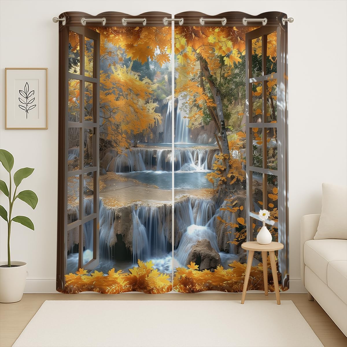Landscape Blackout Curtains for Girls Boys Teens Home Decor, Nature 3D Autumn Fall Forest Maples Grommet Thermal Insulated Drapes Darkening Window Curtain for Bedroom Living Room, 42 x 63 Inch