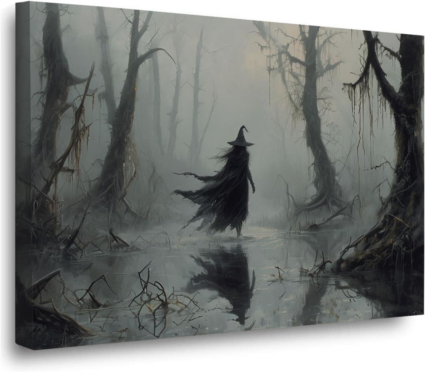Vintage rustic swamp witch poster dark moody wall art gothic horror season halloween print for home decor retro dark moody painting16x24in Wood Framed