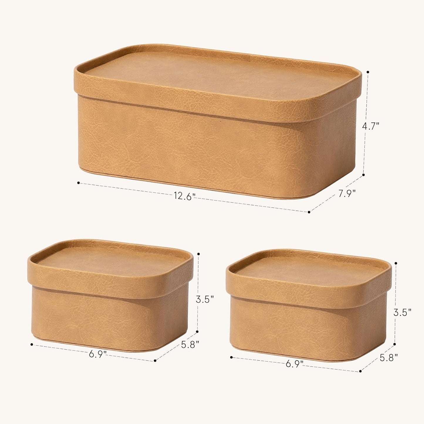 La Jolie Maison Vegan Leather Storage Boxes with Lids, Set of 3 Decorative Storage Containers Organize Stackable Storage Box, Camel