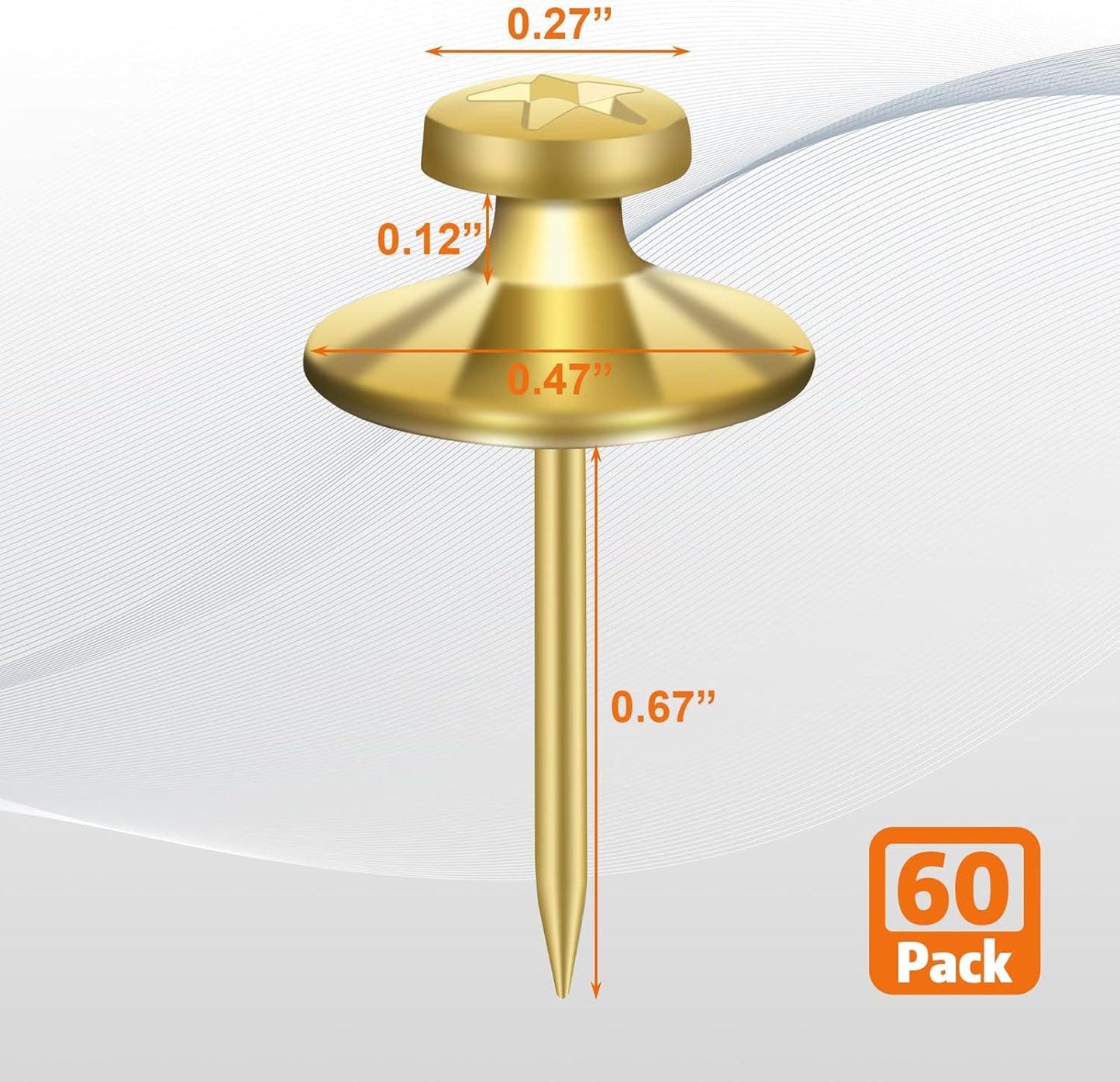 KURUI 60-Pack Metal Push Pins for Wall Hanging Decor, Renter Friendly Hooks for Bedroom Office Gallery Dorm Home, Double Headed Thumb Tacks for Tapestry/Canvas/ Picture Frame/Art, Gold Picture Hangers