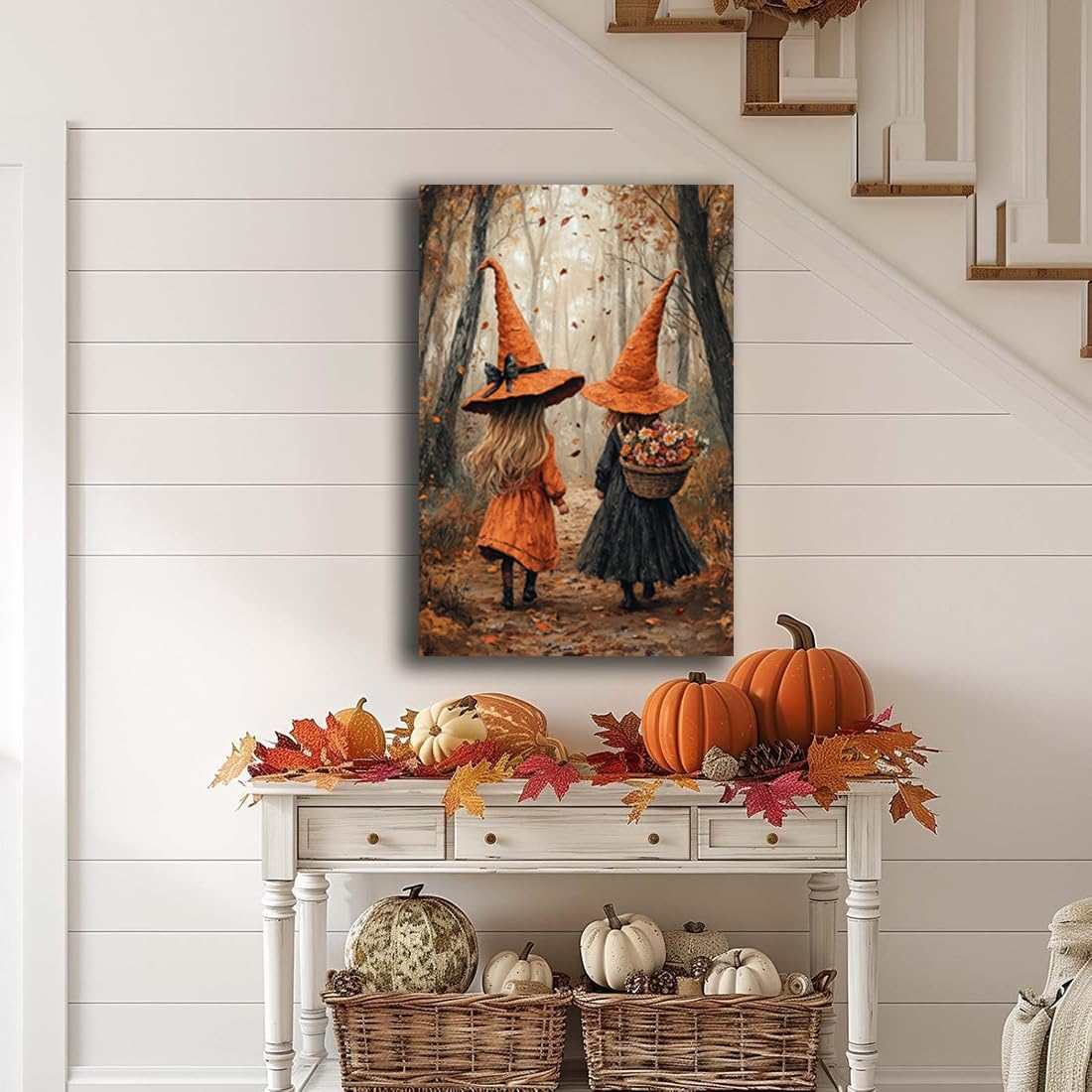 Fall Wall Art Witch Picture Decor,Little Girl Witch Halloween Wall Art, Vintage Autumn Whimsical Woodland Forest Picture, Family Room Nursery Playroom Children Room Decoration,8"x12" Framed