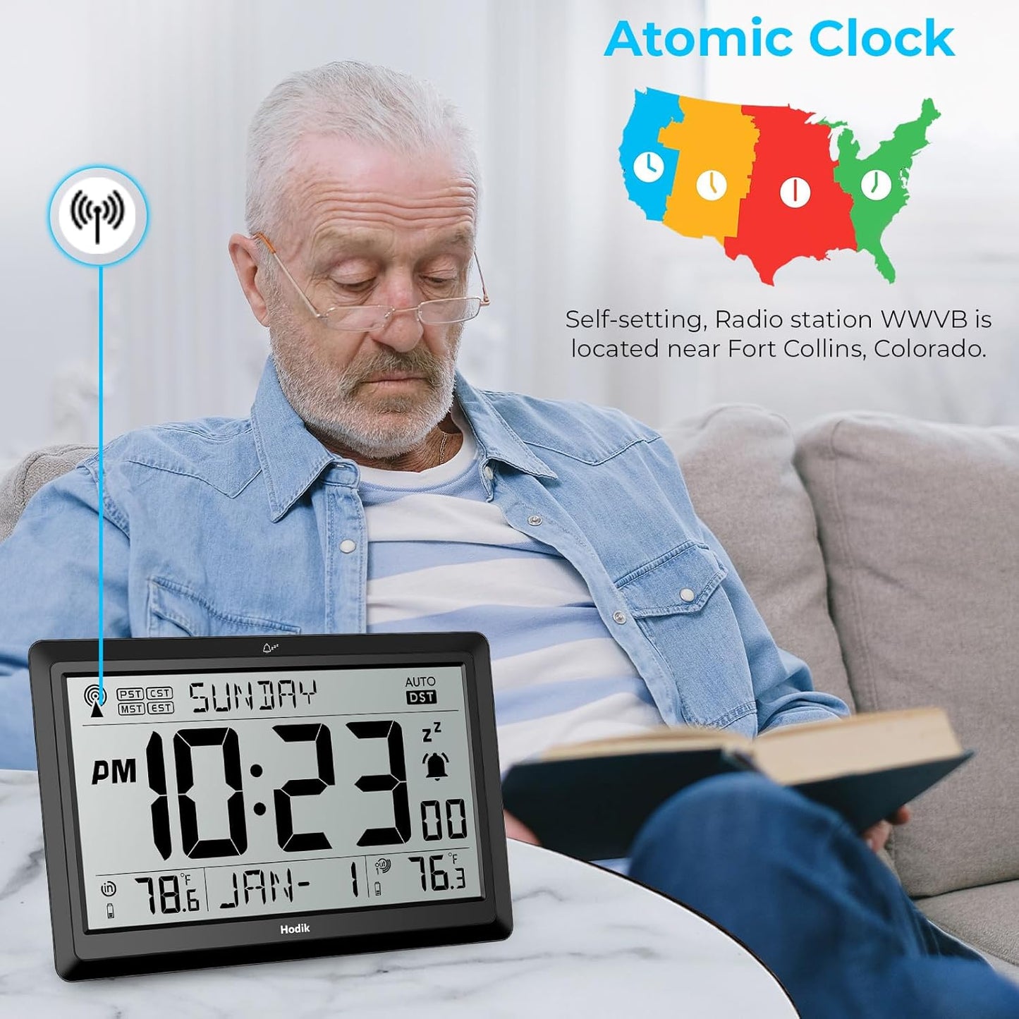 Wall Clock Atomic with Indoor Outdoor Temperature Battery Powered, Easy Reading with 10.5 Inch Large LCD Display, 330FT Range Table Wall Clock with DST, 12/24 Hour for Living Room Kitchen (Black)
