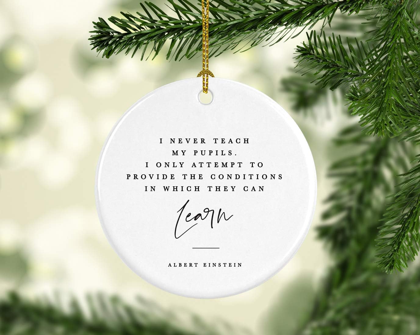 Andaz Press Round Ceramic Porcelain Christmas Tree Ornament for Teacher Thank You Gift, I Never My Pupils, I Only Attempt to Provide The Conditions in Which They can Learn, Albert Einstein, 1-Pack