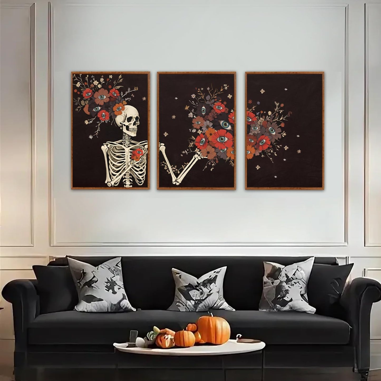 KAIRNE Gothic Skull Wall Art,Halloween Skeleton Canvas Set of 3(16”x24”),Scary Skull Painting,Horror Floral Botanical Prints,Romantic Spooky Halloween Wall Art for Living Room Bedroom Goth Party Decor