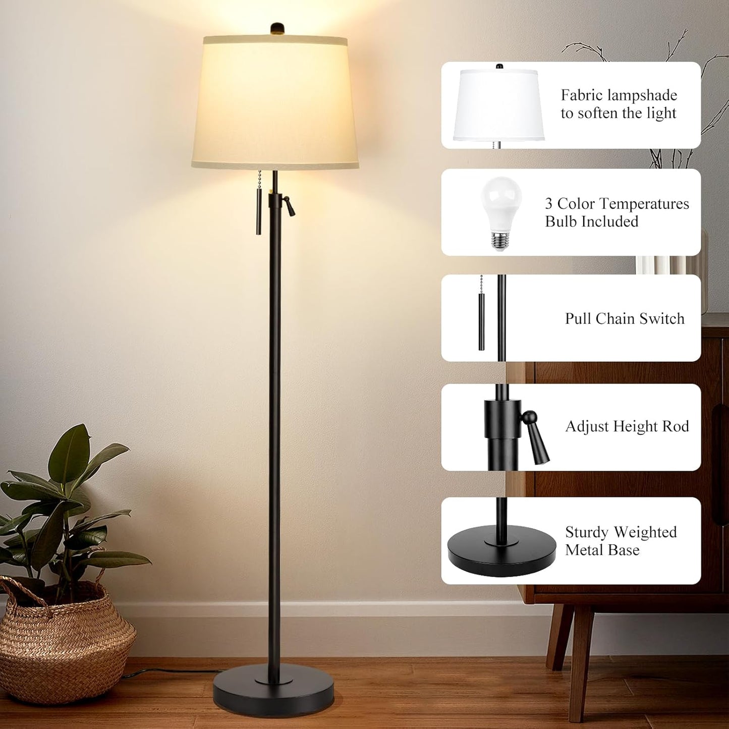 Black Floor Lamps for Living Room Adjustable Height Standing Lamp Modern Tall Pole Lamps for Bedroom Office with White Linen Shade 3 Color Temperature 9W LED Bulb Included