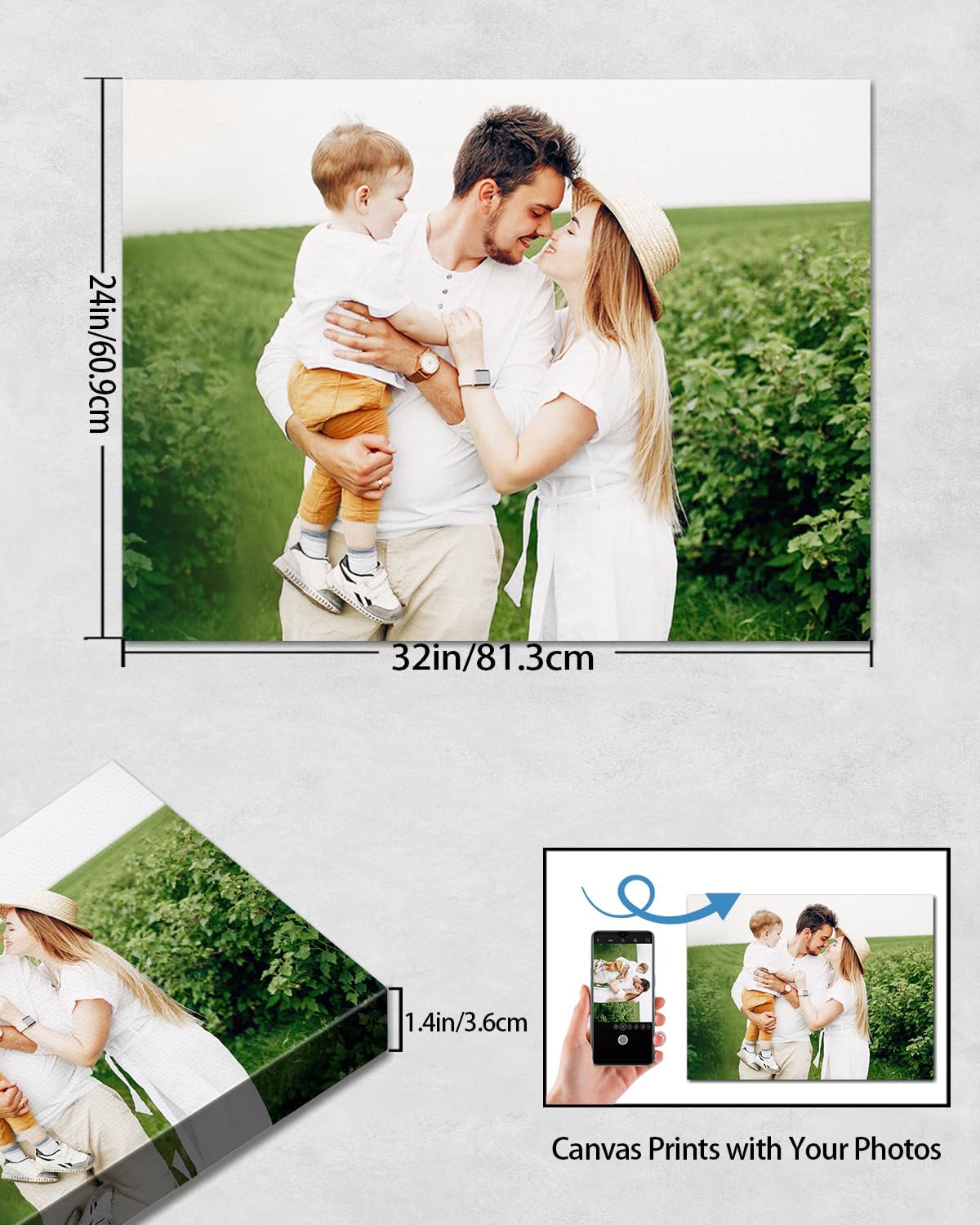 Personalized Custom Canvas Wall Art, Custom Canvas Prints with Your Photos for Living Room, Bedroom, Wedding Pet Baby Family Photo Framed Wall Art, Customized Photo Gift for Family，Friend，Lover，Pet (32L" x 24W")