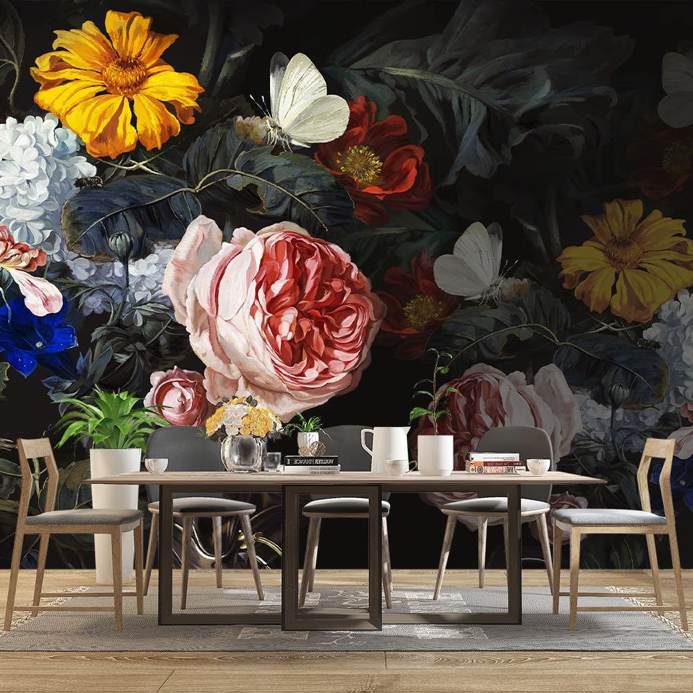 Vintage Black Flowers Mural Bedroom Peony Floral Wallpaper Room Decor Living Room tv Background Large Wall Mural - 160"x108" (Not Peel and Stick)