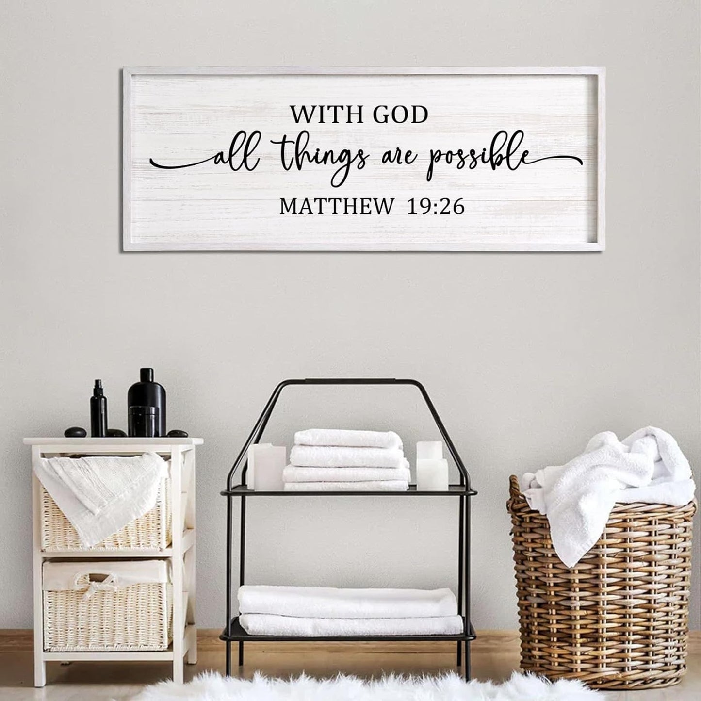 With God All Things are Possible Framed Wall Art, 40''×15'' Vintage Holy Religious Rustic Bible Verse for Christian God Jesus Christ Prayer, Positive Horizontal Inspirational Catholic Scripture Decor