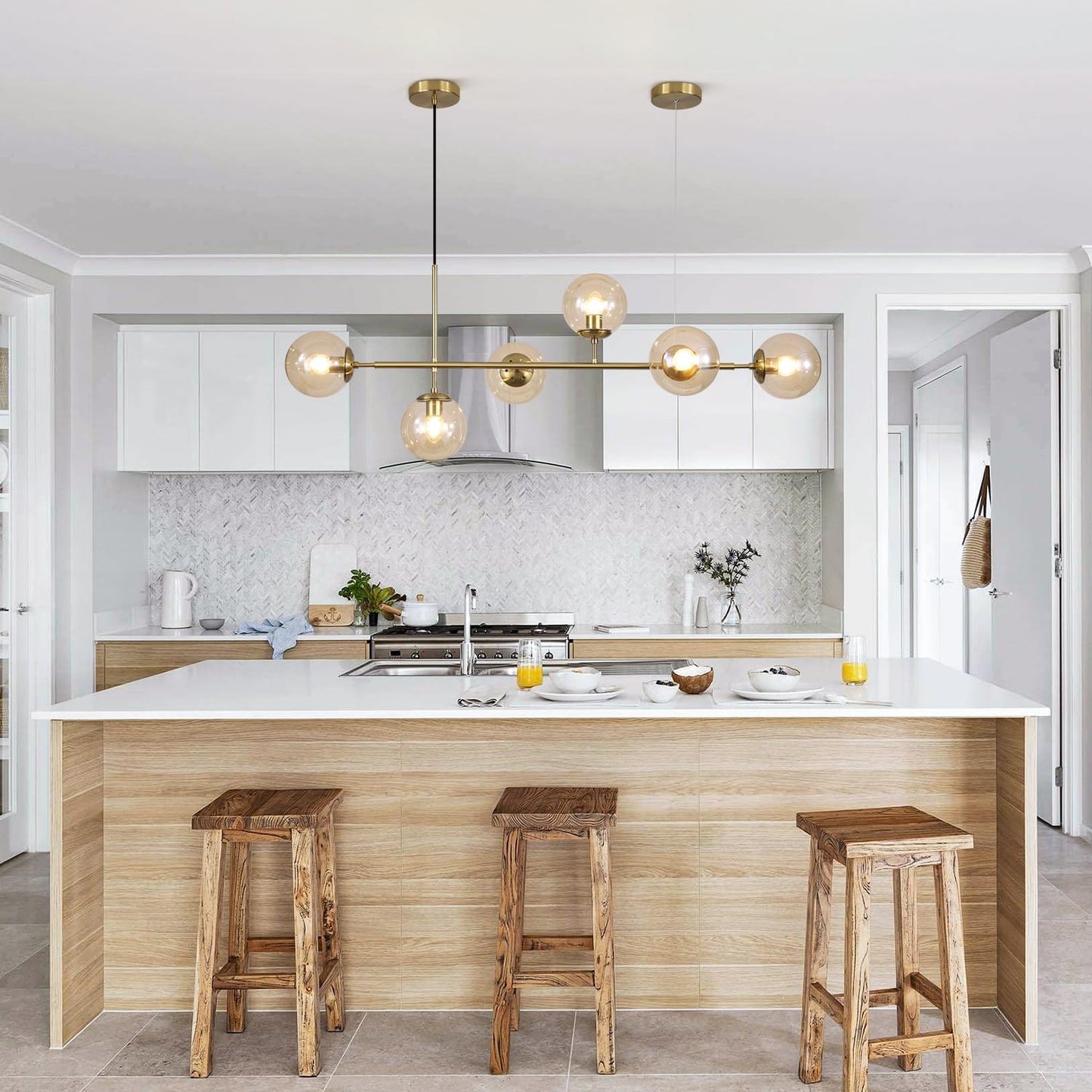 KCO Lighting Globe Linear Chandelier 6 Light Amber Glass Pendant Light Fixture Gold Kitchen Island Lighting Long Brass Sputnik Chandelier Dining Room Light Fixtures Over Table