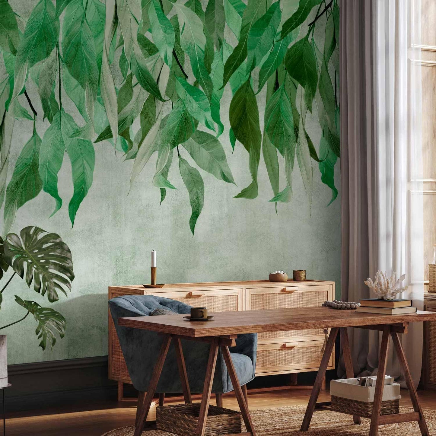 artgeist Wall Mural Hanging Leaves 79x55 in - Non-Woven Wallpaper Fleece Wall Decor Photo Print Picture Image Design Nature Botanical Concrete Green Like Painted b-C-10146-a-a