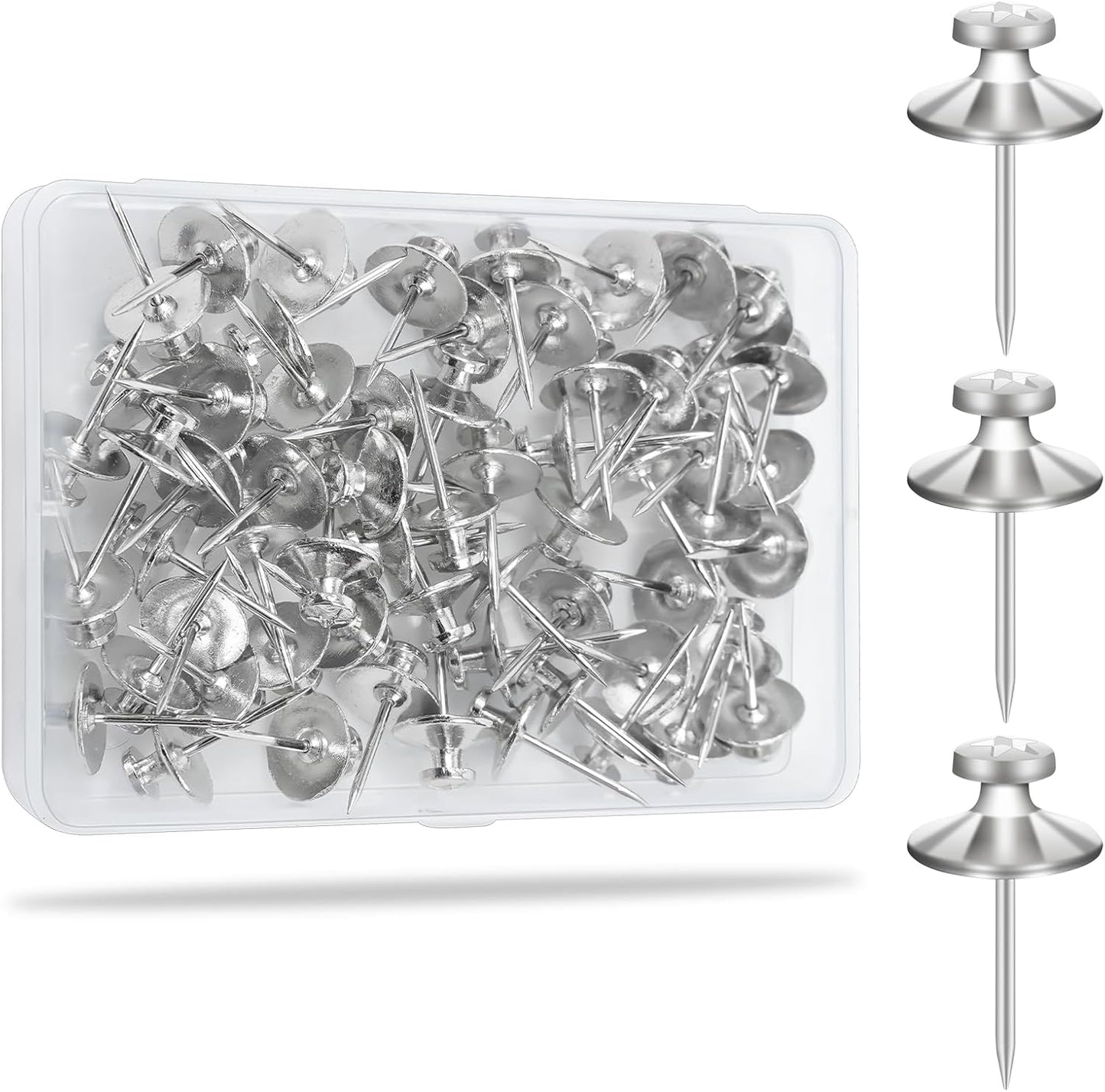 KURUI 60Pcs Double Headed Nails for Hanging Pictures, Wall Hangers Without Nails, Thumb Tacks for Wall, Renter Friendly Decor Push Pins for Tapestry Frame Art, Picture Hangers-Silver