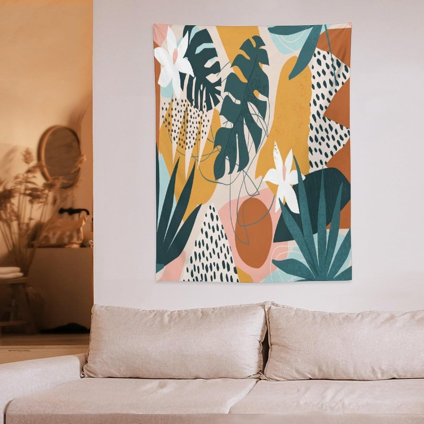 Abstract Bohemian Mid Century Tapestry, Tropical Leaves Modern Geometric Archway Minimalist Bohemian Botanical Aesthetic Wall Hanging, Sage Green Gold Home Decor Art for Bedroom 50x60 Inch