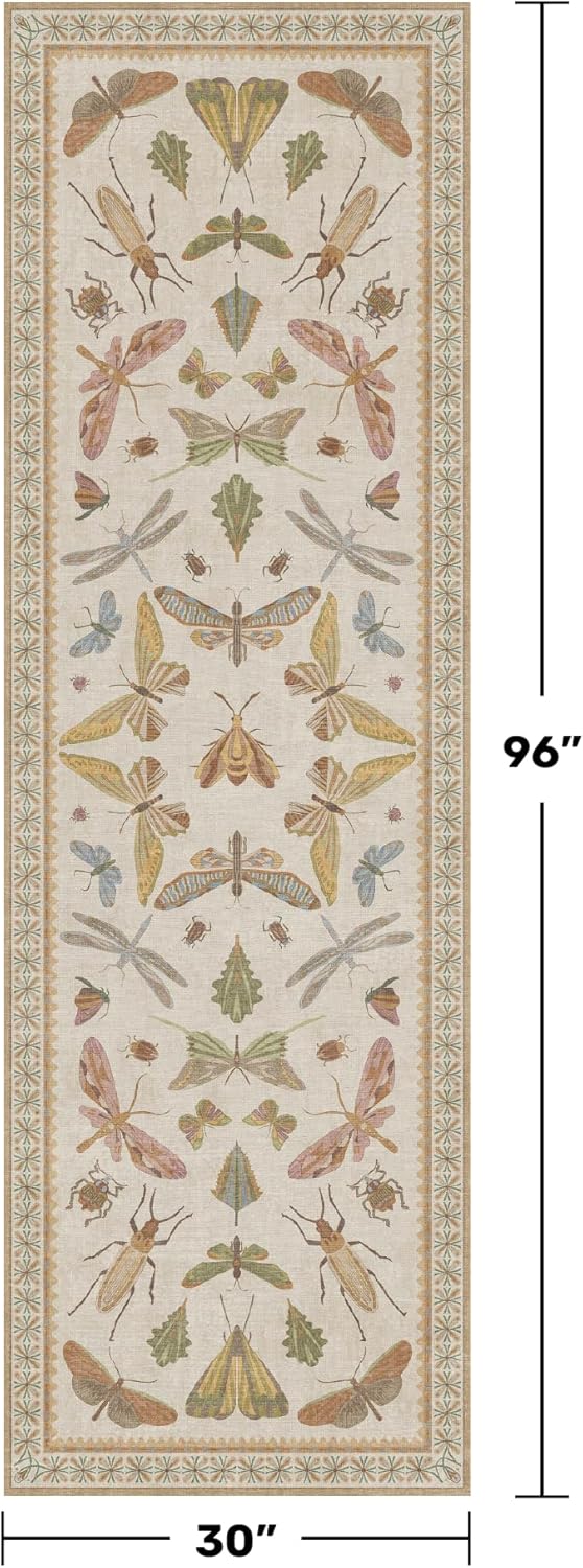 8 ft Long Hallway Rug - 2'6''x8' Wide Kitchen Runner Rug, Non-Slip & Stain Resistant Long Floor Rug, Neutral Beige Boho Floral Insect Decor