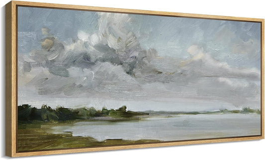 MUDECOR Extra Large Framed Canvas Print Wall Art Tranquil Landscape Soft Brushstroke Lake Scene Illustrations Antique Retro Fine Art Illustrations Decorative Colorful for Bedroom - 60"x30"