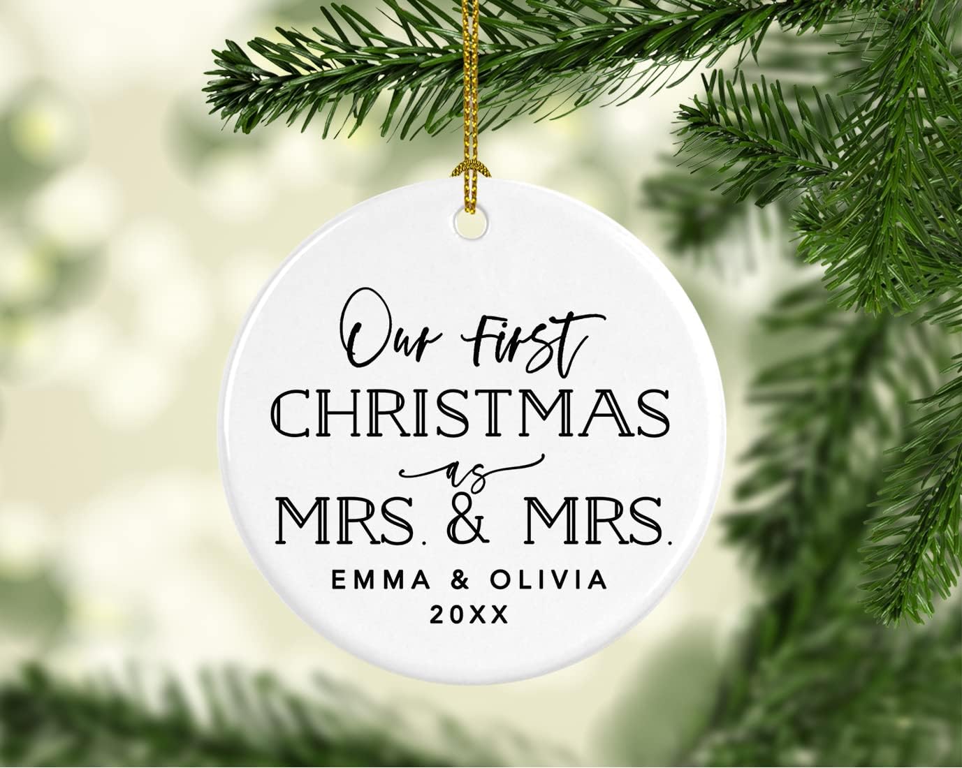 Andaz Press Personalized Our First Christmas As Mrs. & Mrs. 2025 Christmas Ornament Modern Black and White 2.8" Round Porcelain Ceramic Lesbian Married Couple Gay Women Newlyweds Keepsake 1-Pack
