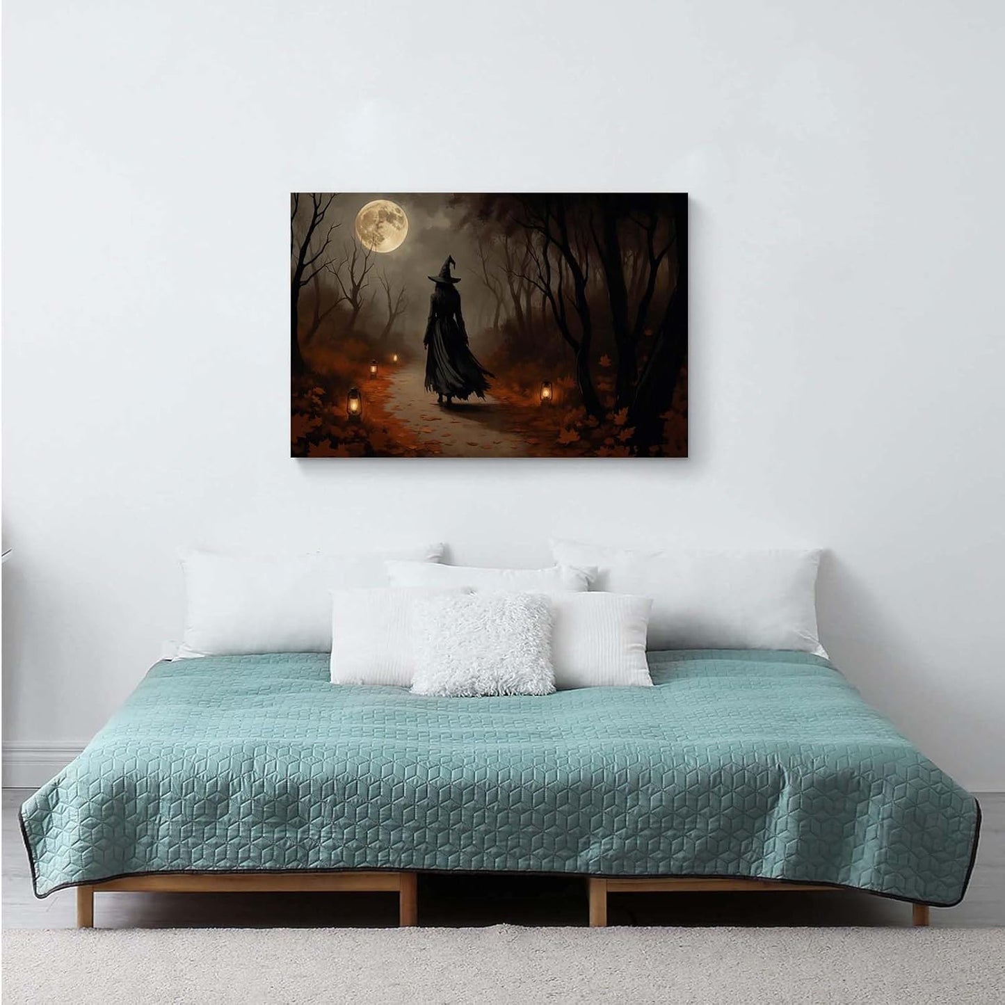 Moonlight witch poster dim lantern Halloween decoration Gothic style dark retro college style canvas wall art suitable for living room bedroom28x40in Wood Framed