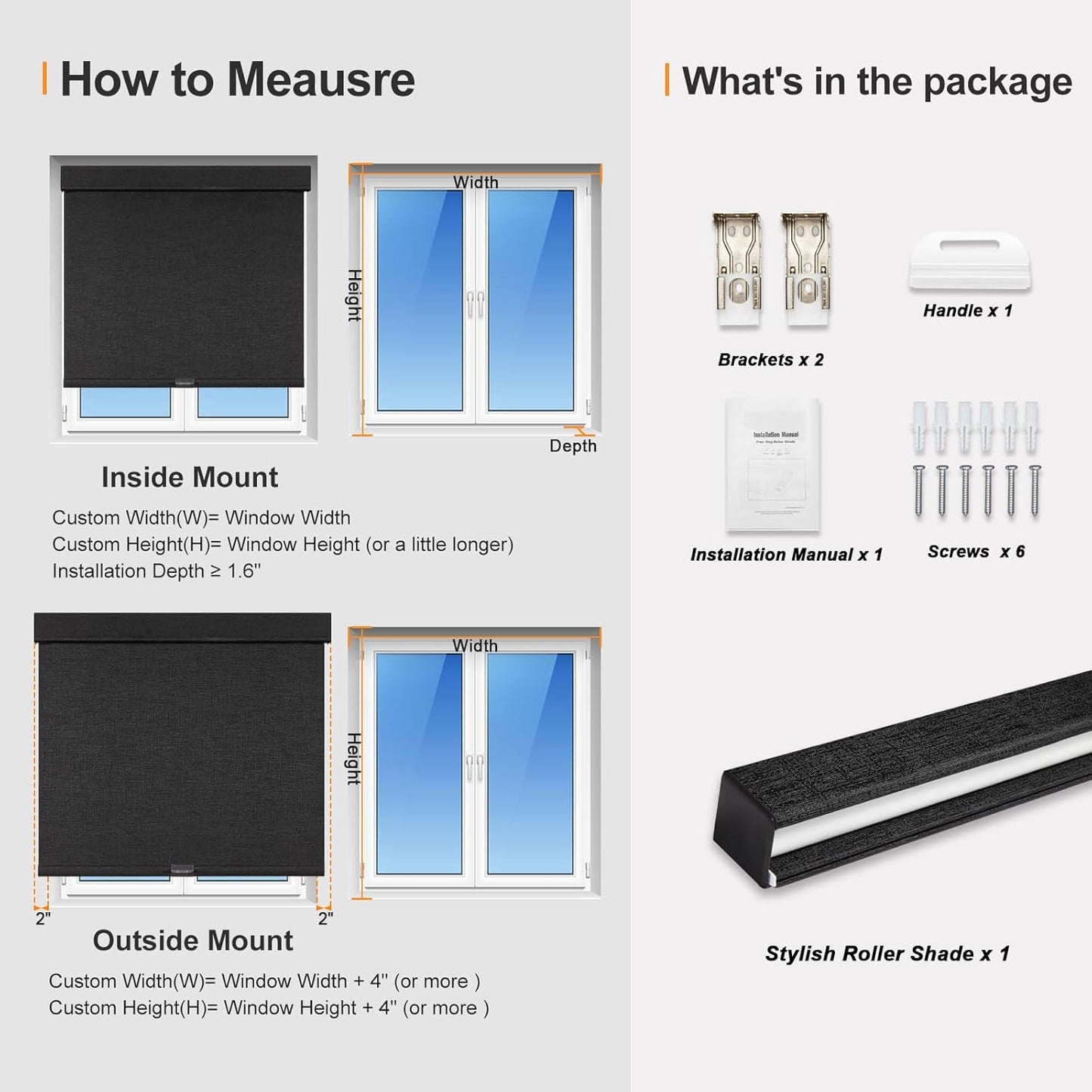 Persilux Free-Stop Cordless Blinds for Indoor Windows with Cover, Window Shades Blackout Roller Blinds, Thermal Insulated Fabric UV Protection for Kitchen, Office, Living Room, Black(45" W x 72" H)