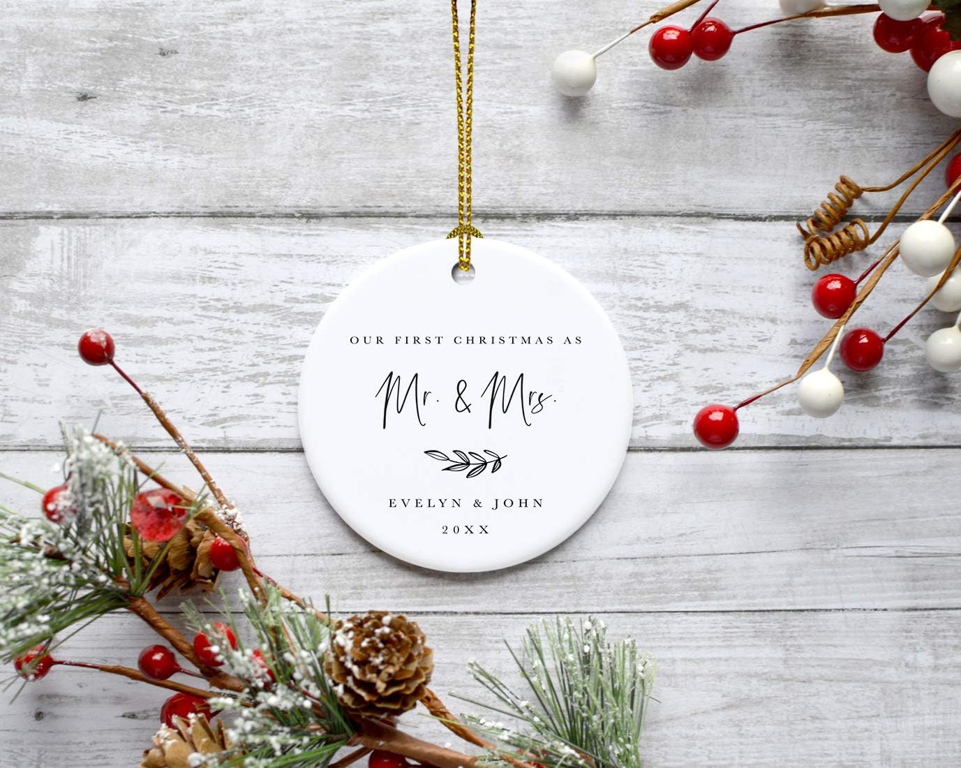 Andaz Press Personalized Wedding Round Ceramic Porcelain Christmas Tree Ornament Engagement Keepsake Collectible Gift Our First Christmas as Mr. & Mrs, Evelyn & John 2024, Antique Handdrawn, 1-Pack