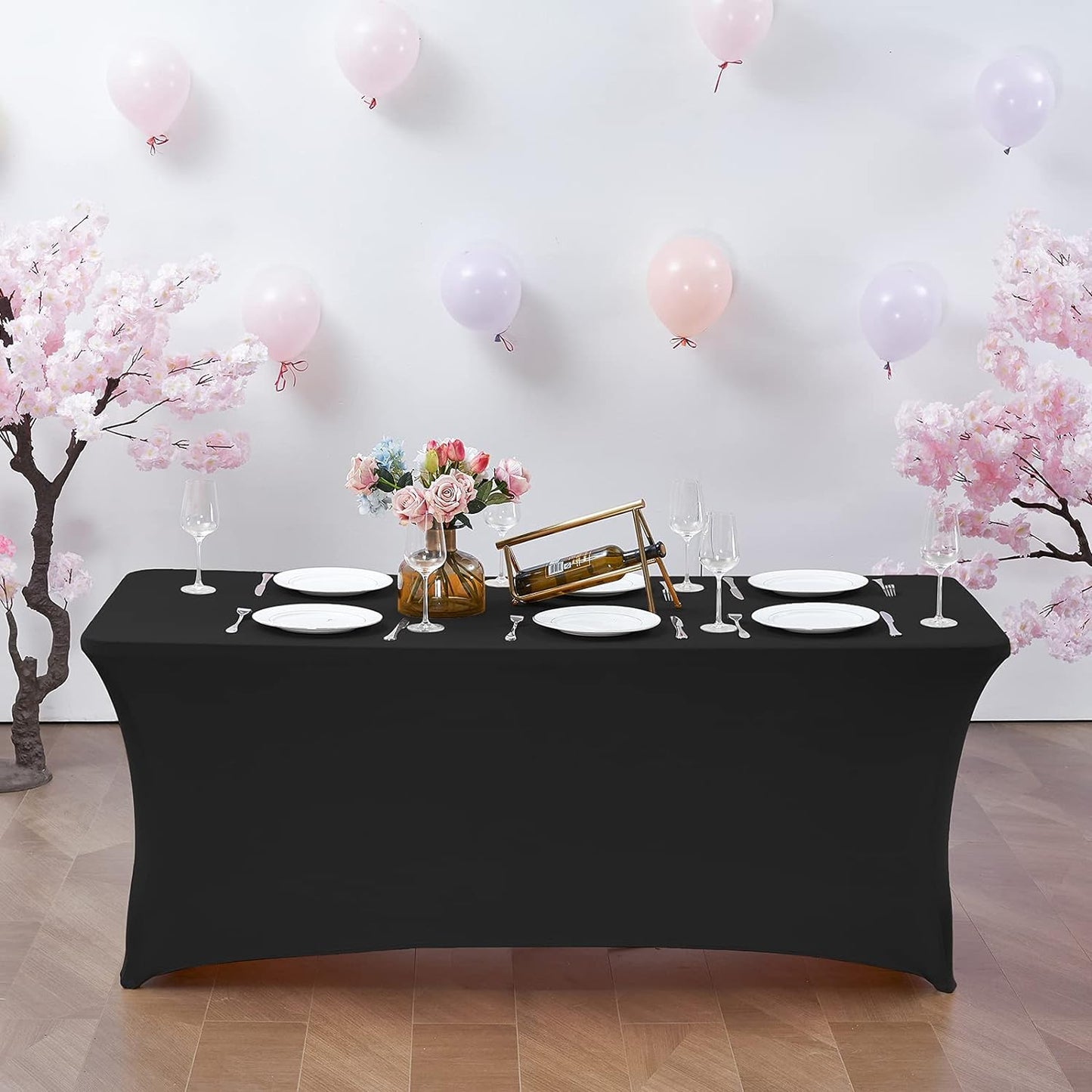 CWK 6FT 2Pcs Stretch Spandex Table Cover for Rectangular Tables - Elastic Fitted Tablecloth for Folding Tables, Wrinkle Resistant, Durable Table Protector for Parties,Weddings,Banquets &Events (Black)