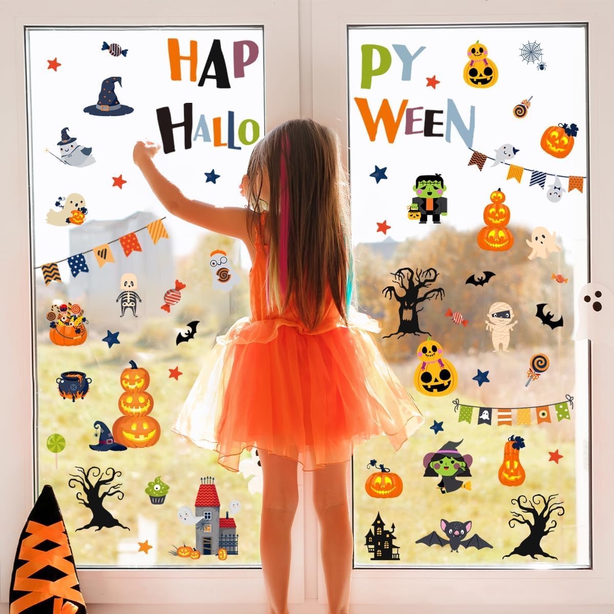 10 Sheets Halloween Window Clings Halloween Window Stickers Decorations Double-Sided Removable Castle Pumpkin Bat Glass Window Decals, Happy Halloween Window Clings for Kids Party Decorations