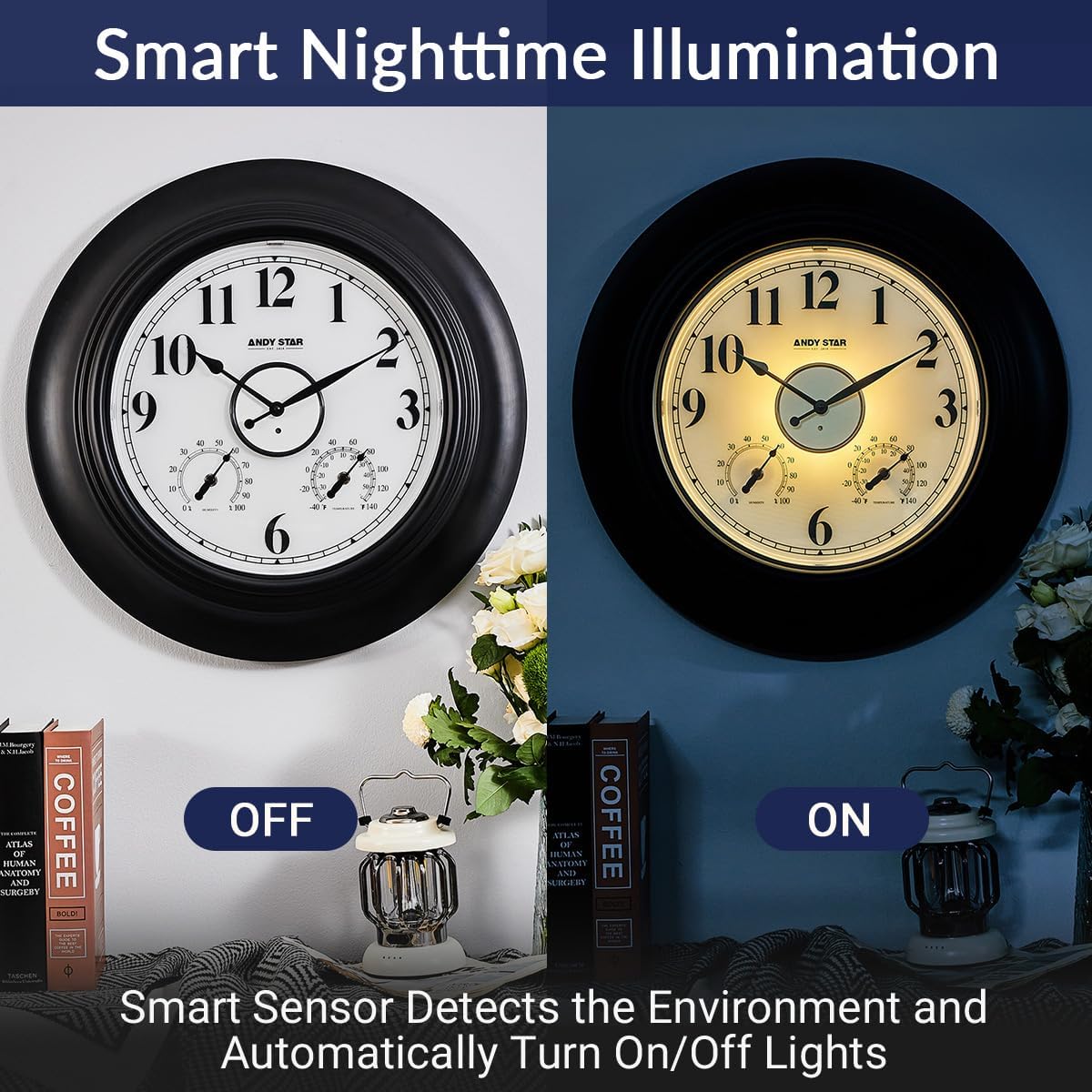 Andy Star 21 Inch Large Illuminated Outdoor Wall Clock Waterproof with Thermometer and Hygrometer, Oversized Battery Wall Clock for Patio Pool, Oil Rubbed Bronze Silent Non Ticking Clock for Garden