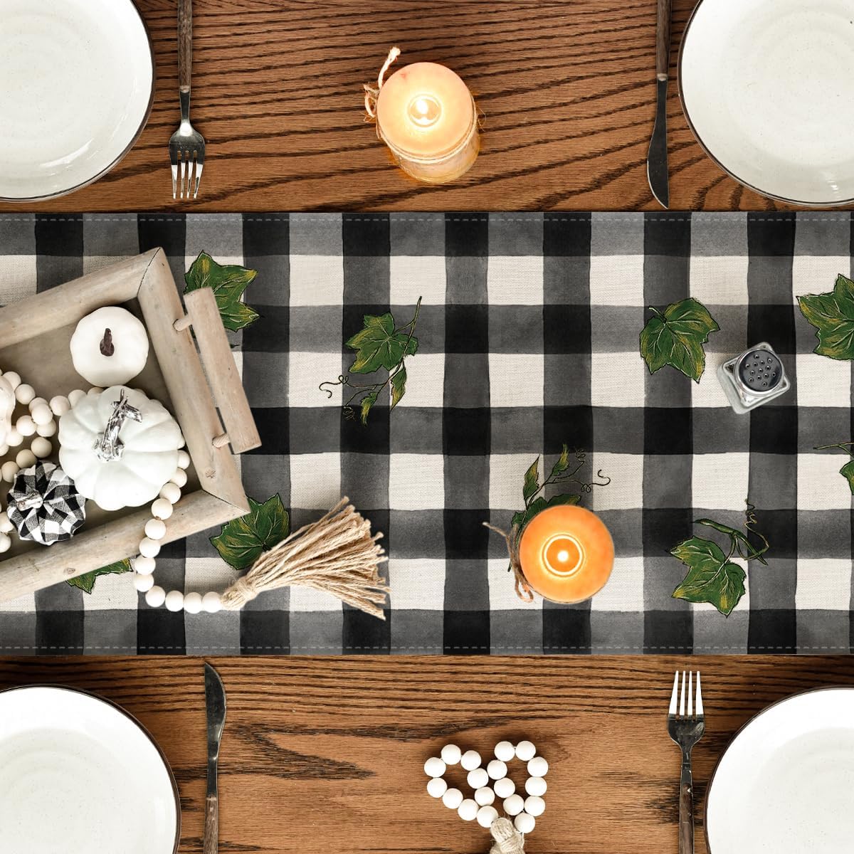 Artoid Mode Buffalo Plaid Bowknot Pumpkin Thankful Fall Table Runner, Autumn Thanksgiving Kitchen Dining Table Decoration for Home Party Decor 13x36 Inch