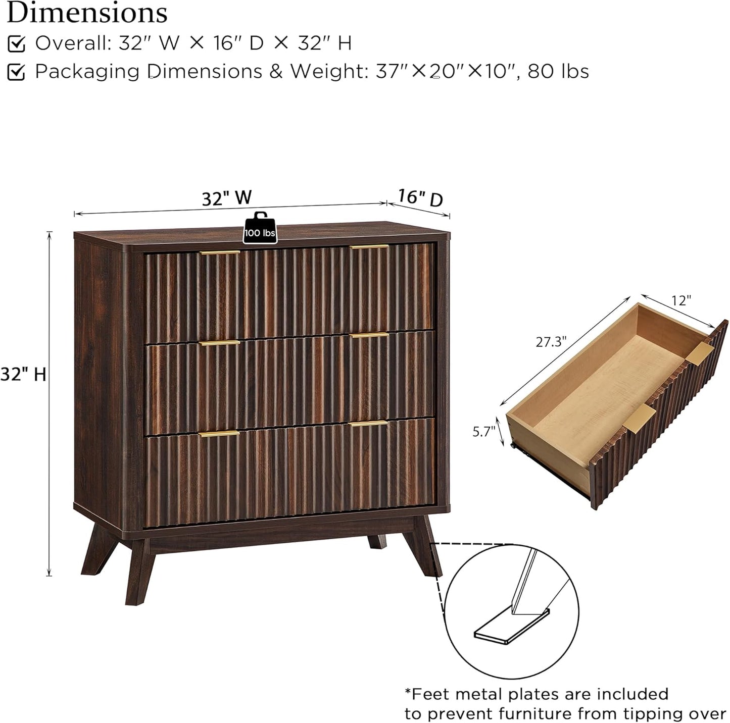 T4TREAM 32" Tall Fluted Nightstand Set of 2, Modern Side Table, 3 Drawers End Table w/Storage, Bedside Table for Bedroom, Living Room, Curved Profile Design, Dark Walnut