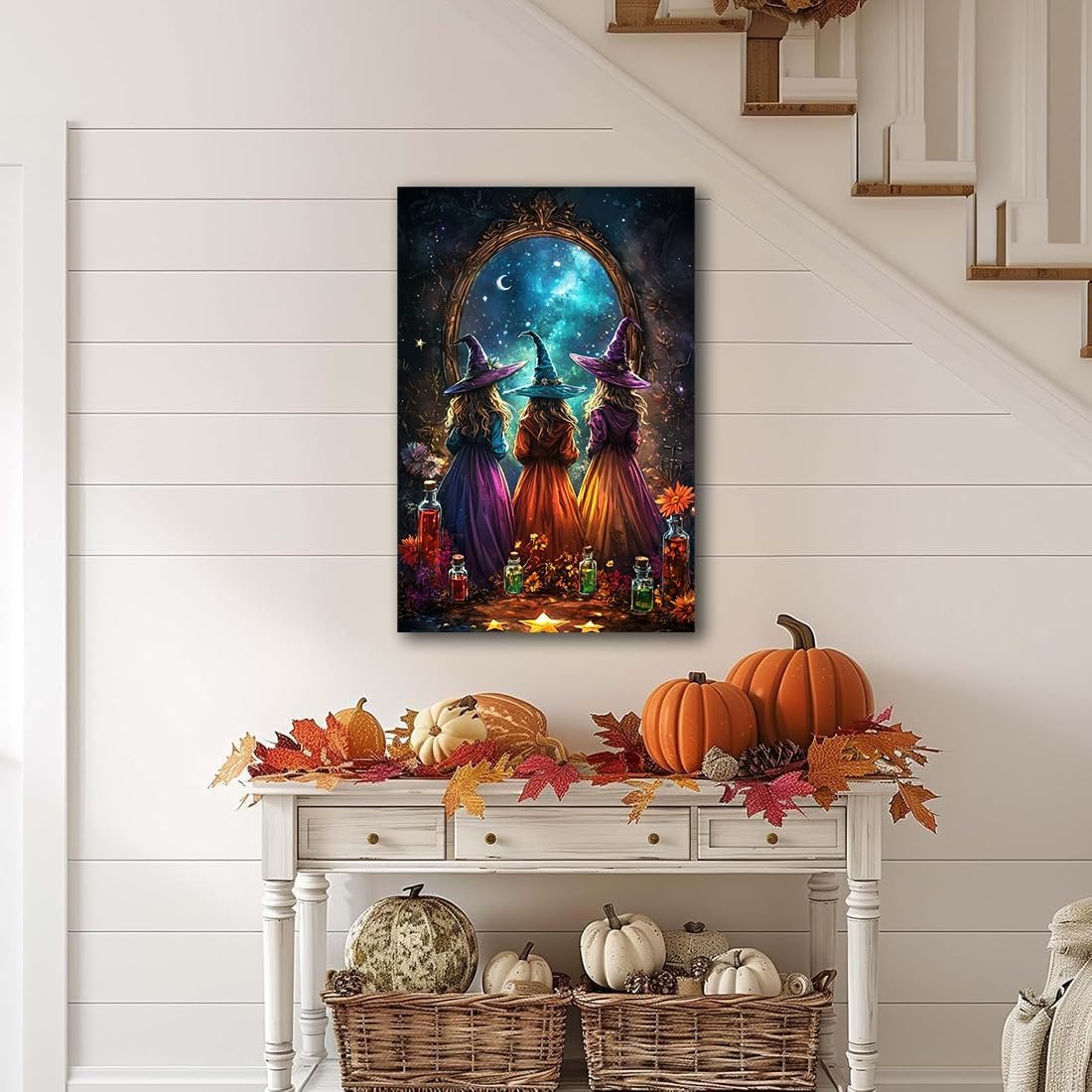 Witch Poster Halloween Fall Wall Art Decor,Three Witches with Magic Potion Mirror Colorful Vintage Print,Dark Academia Spooky Canvas Art Prints for Home Living Room,8"x12" Framed